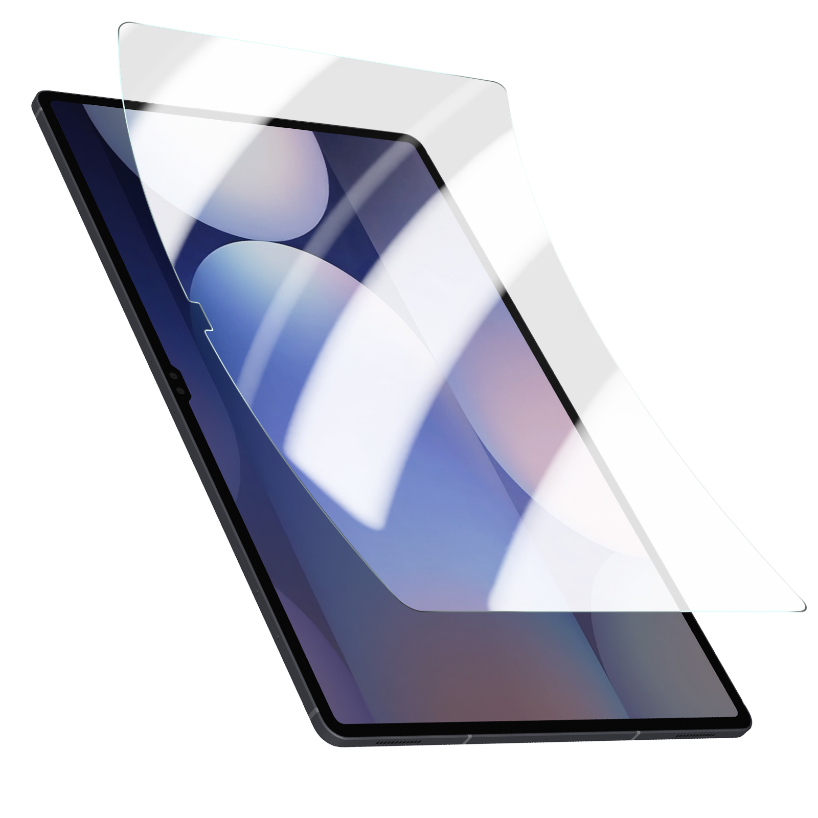 Tablet con protezione schermo in applicazione. Il tablet è nero. La protezione è trasparente.