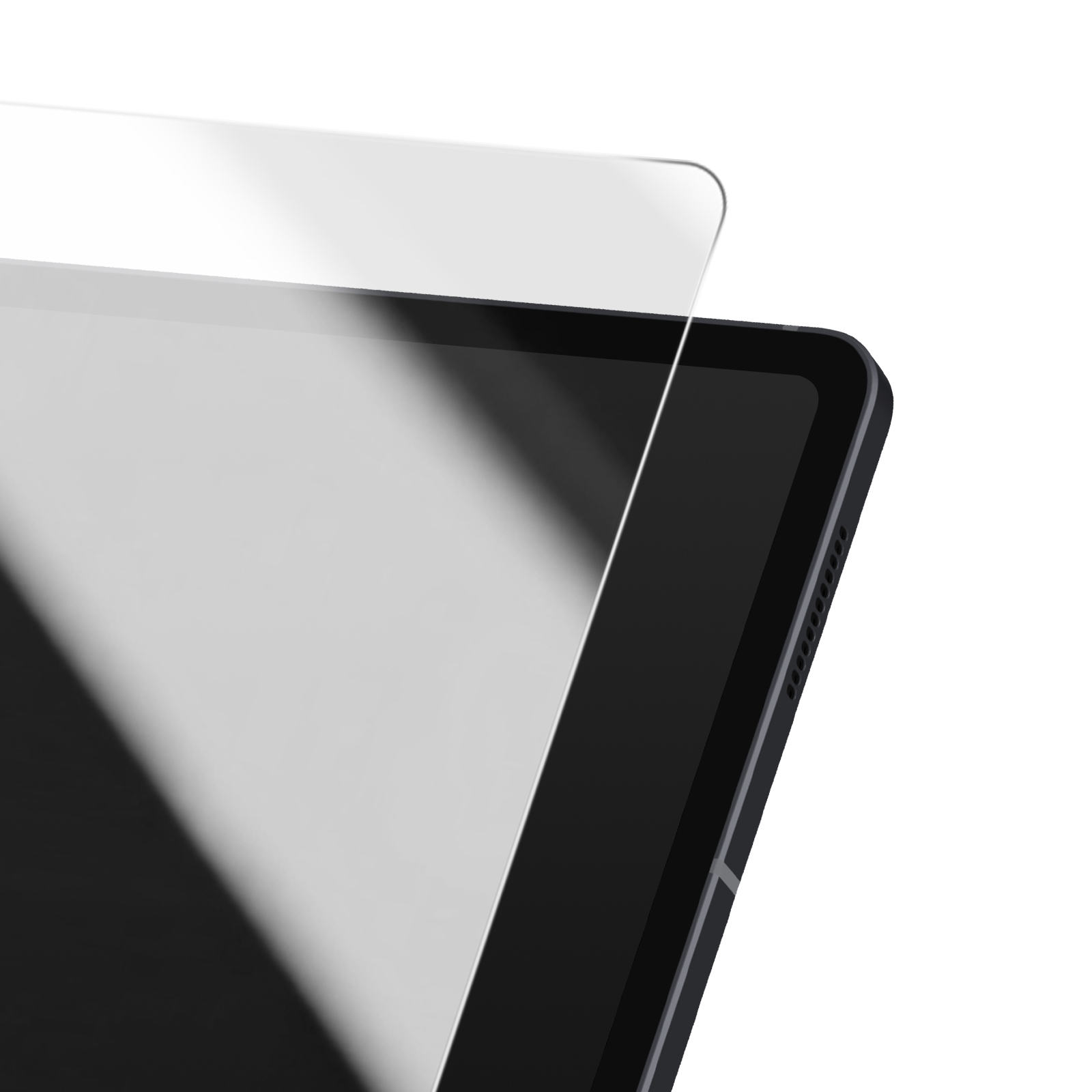 Una protezione per lo schermo viene applicata a un tablet, con schermo nero, su sfondo bianco.