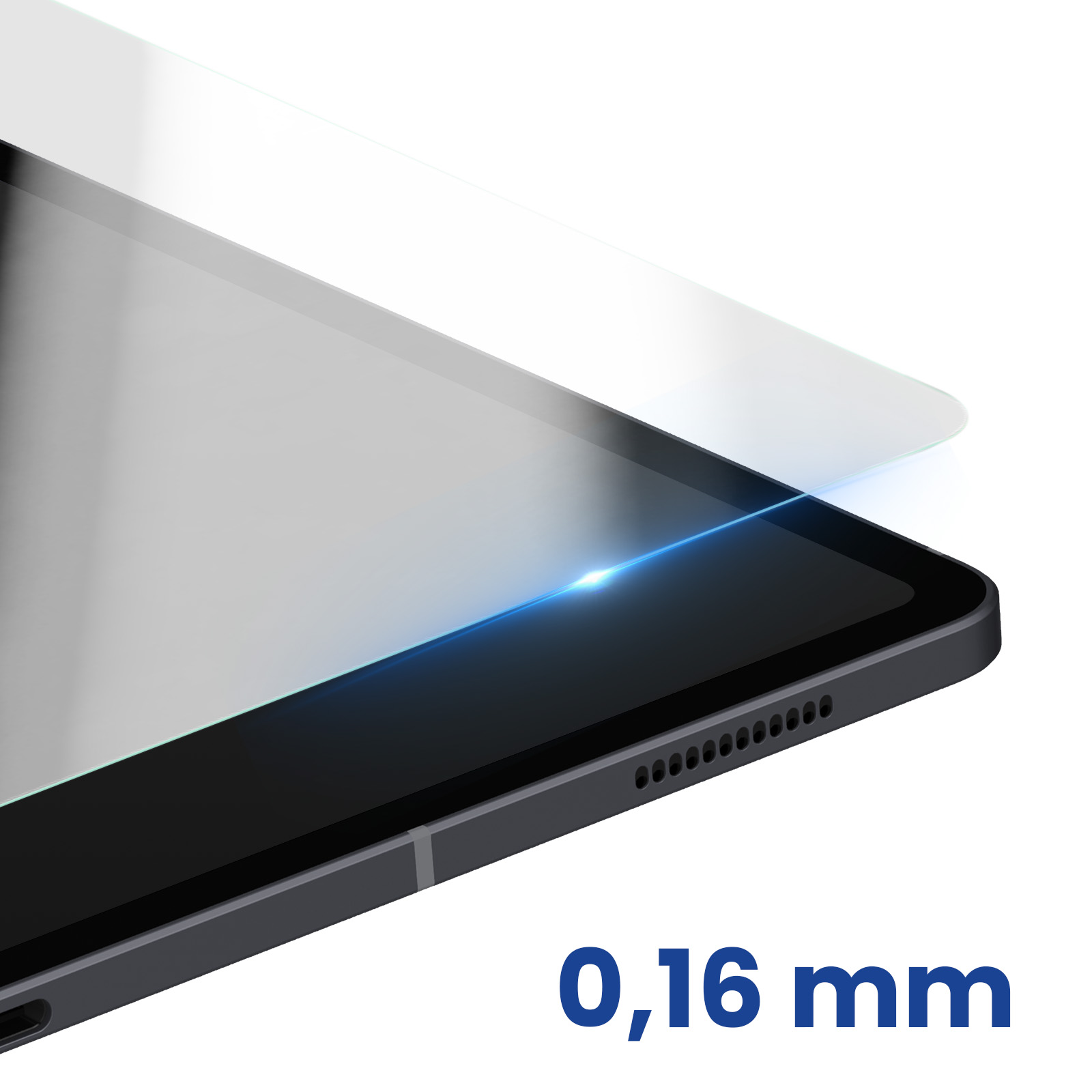 Primo piano di un tablet con protezione schermo, che mostra lo spessore di 0,16 mm.