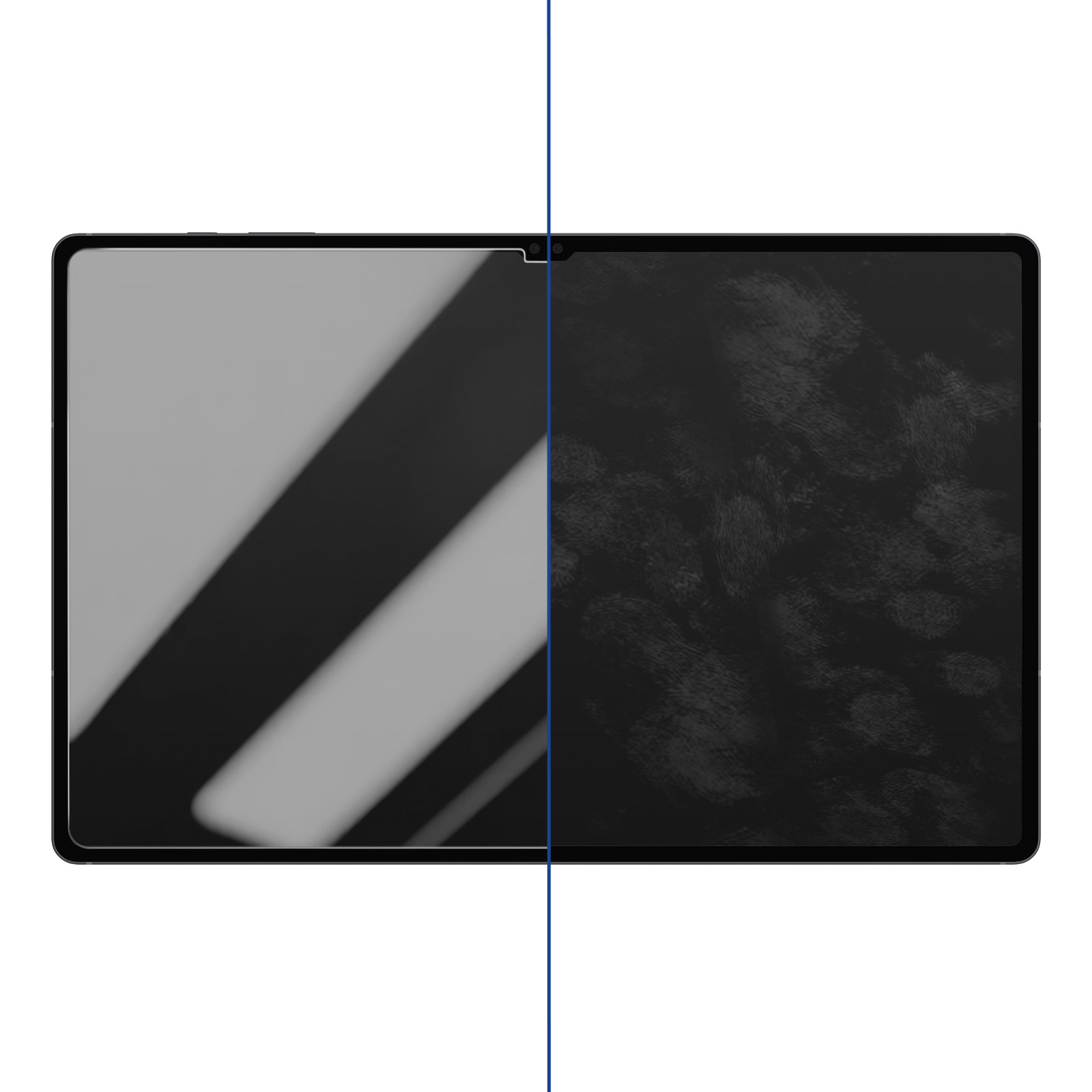 Un tablet con una protezione schermo. Metà schermo coperto, metà no.