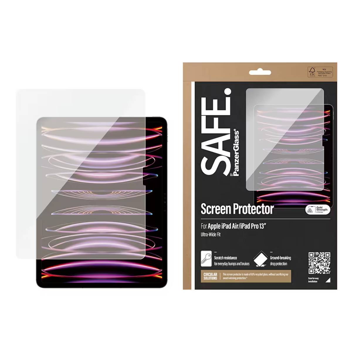 Protezione schermo Safe by PanzerGlass per Apple iPad Air/iPad Pro 13". Confezione con tablet e protezione.