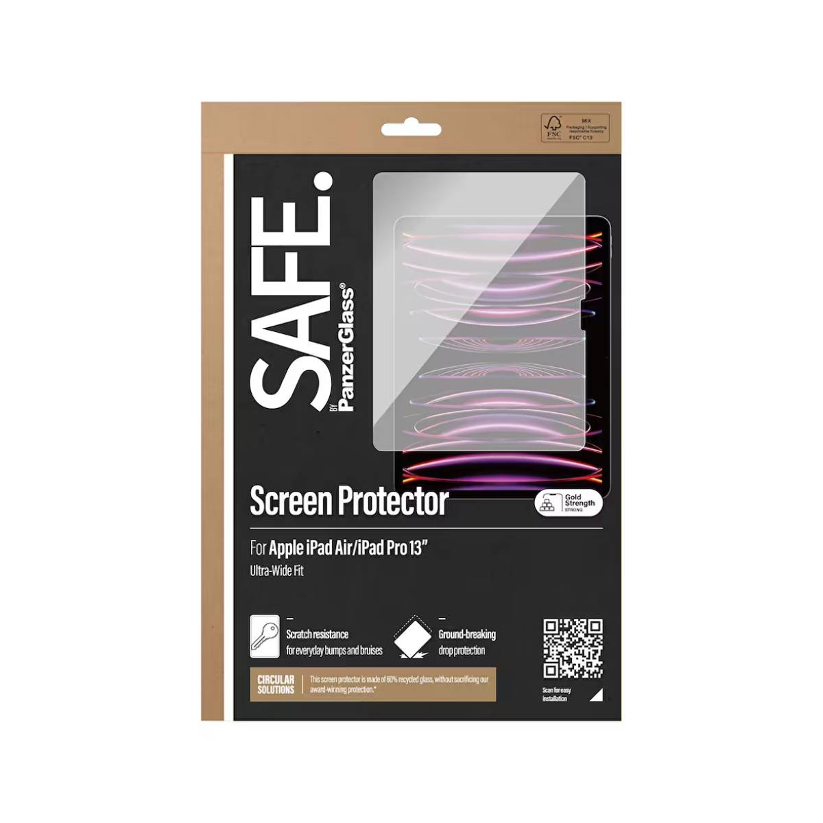 Protezione schermo Safe by PanzerGlass per Apple iPad Air/iPad Pro 13". Confezione con tablet e protezione.