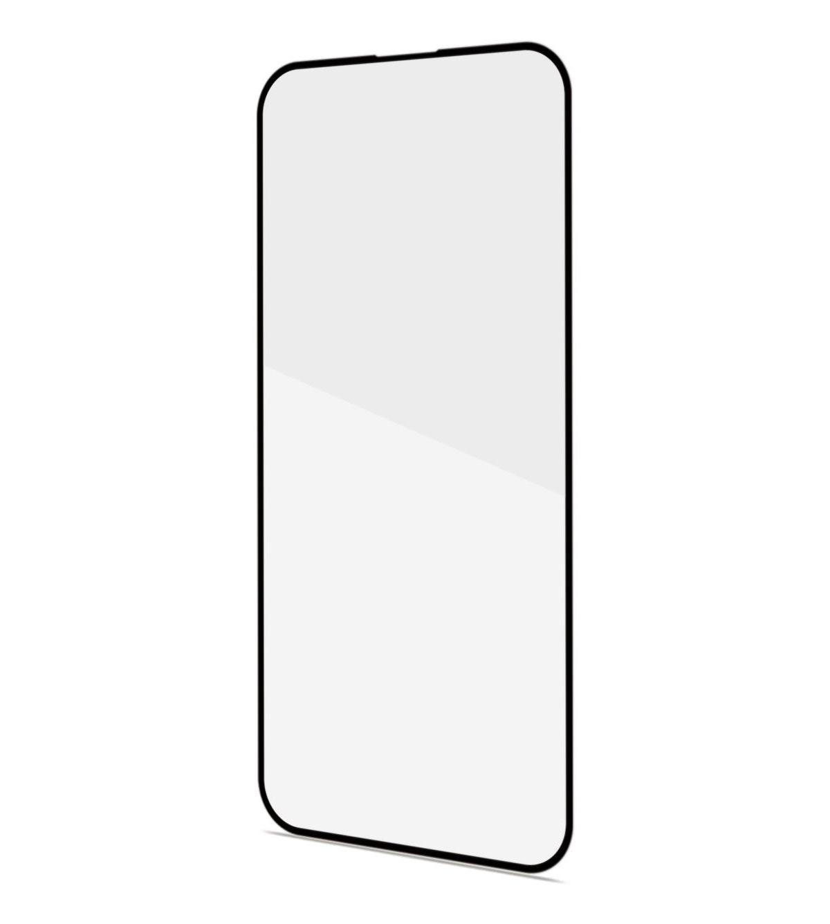 Un proteggi schermo per smartphone, con bordo nero, in posizione verticale su una superficie bianca. È davanti a uno sfondo bianco.