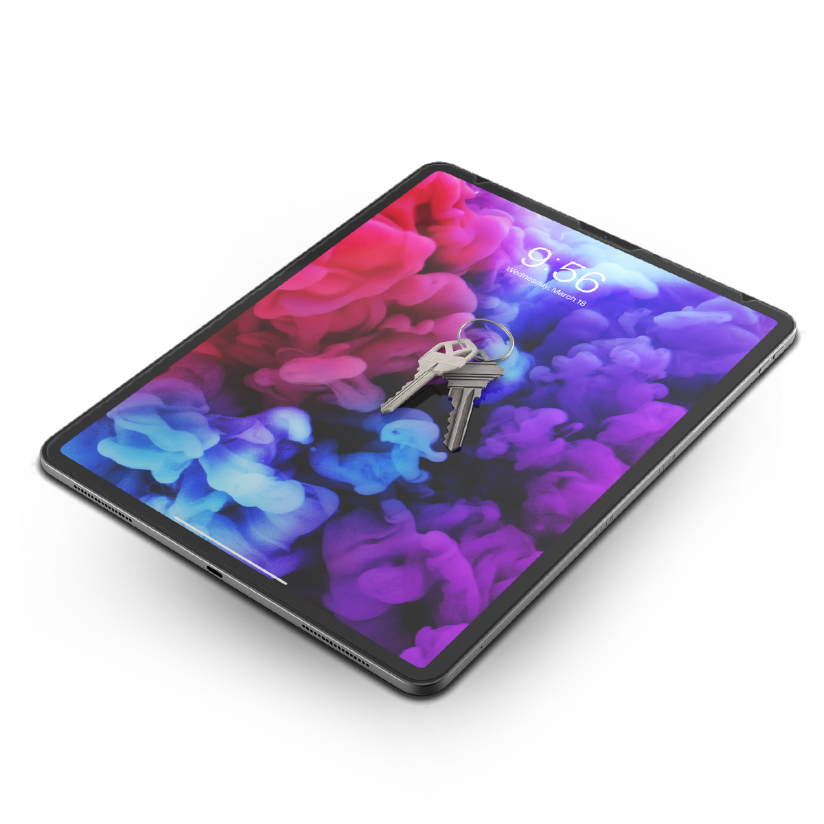 Tablet z kluczami na ekranie i kolorowym tłem. Godzina to 9:56.