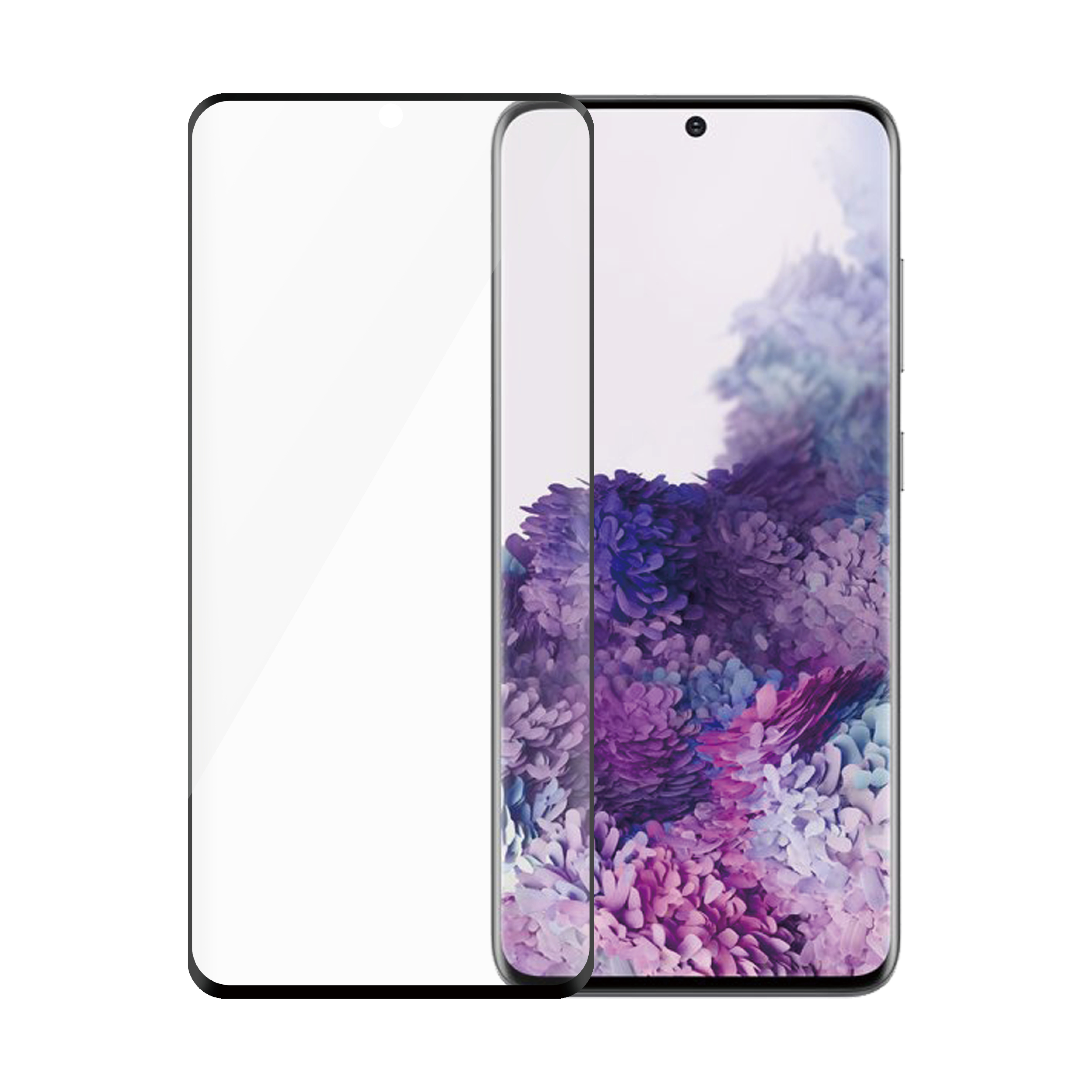 Un telefono con una protezione schermo trasparente è mostrato accanto alla protezione. Mostra un'immagine floreale viola e blu.