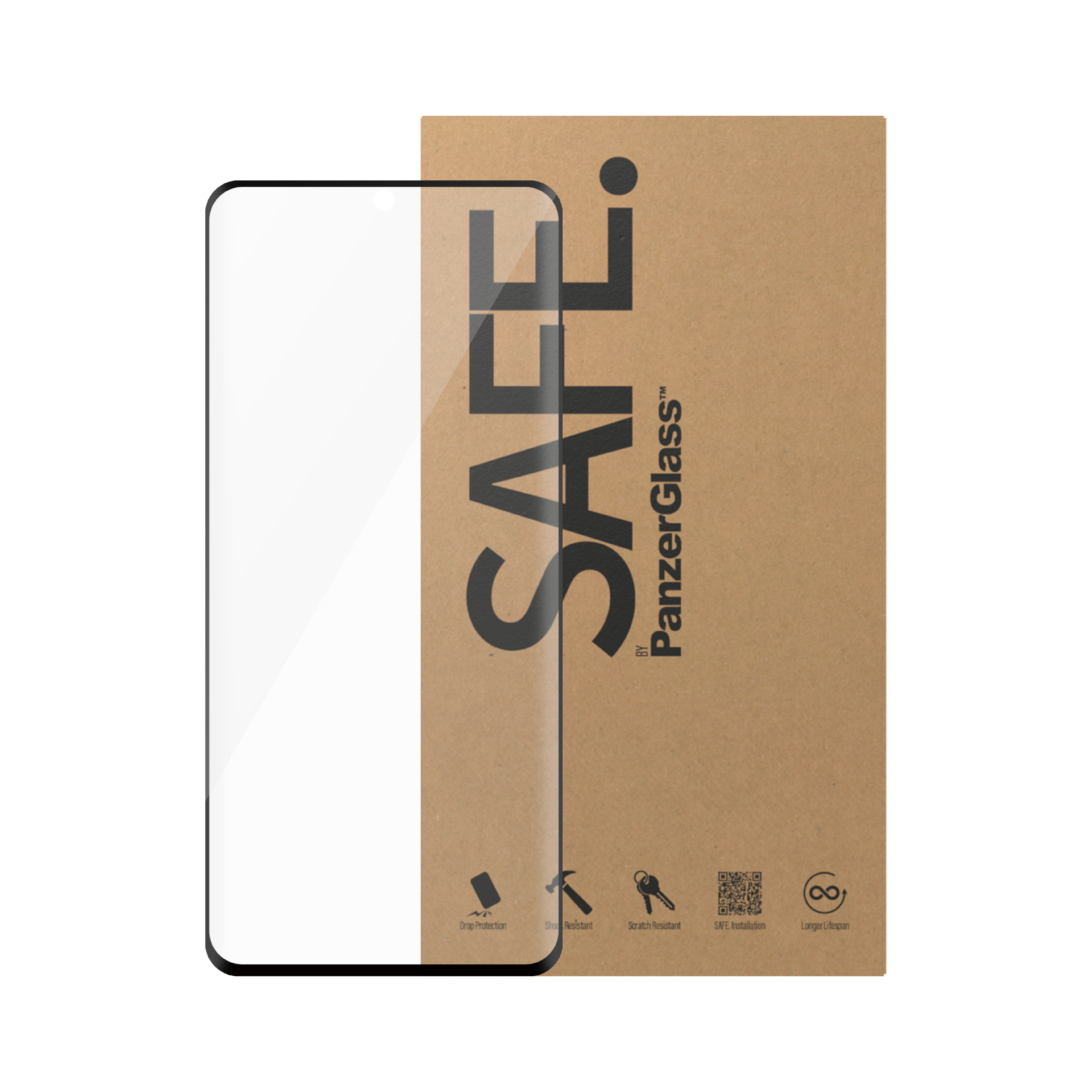 Proteggi schermo e una scatola con la scritta 'SAFE' e il logo PanzerGlass. Sfondo bianco.