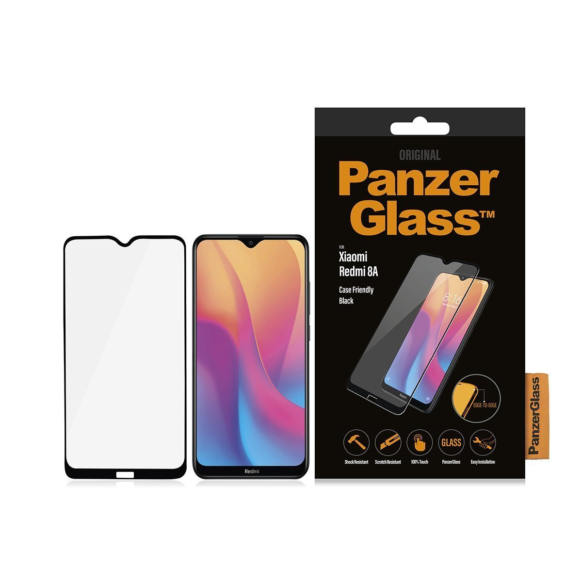 Telefono Xiaomi Redmi 8A vicino a una protezione schermo e alla confezione PanzerGlass.