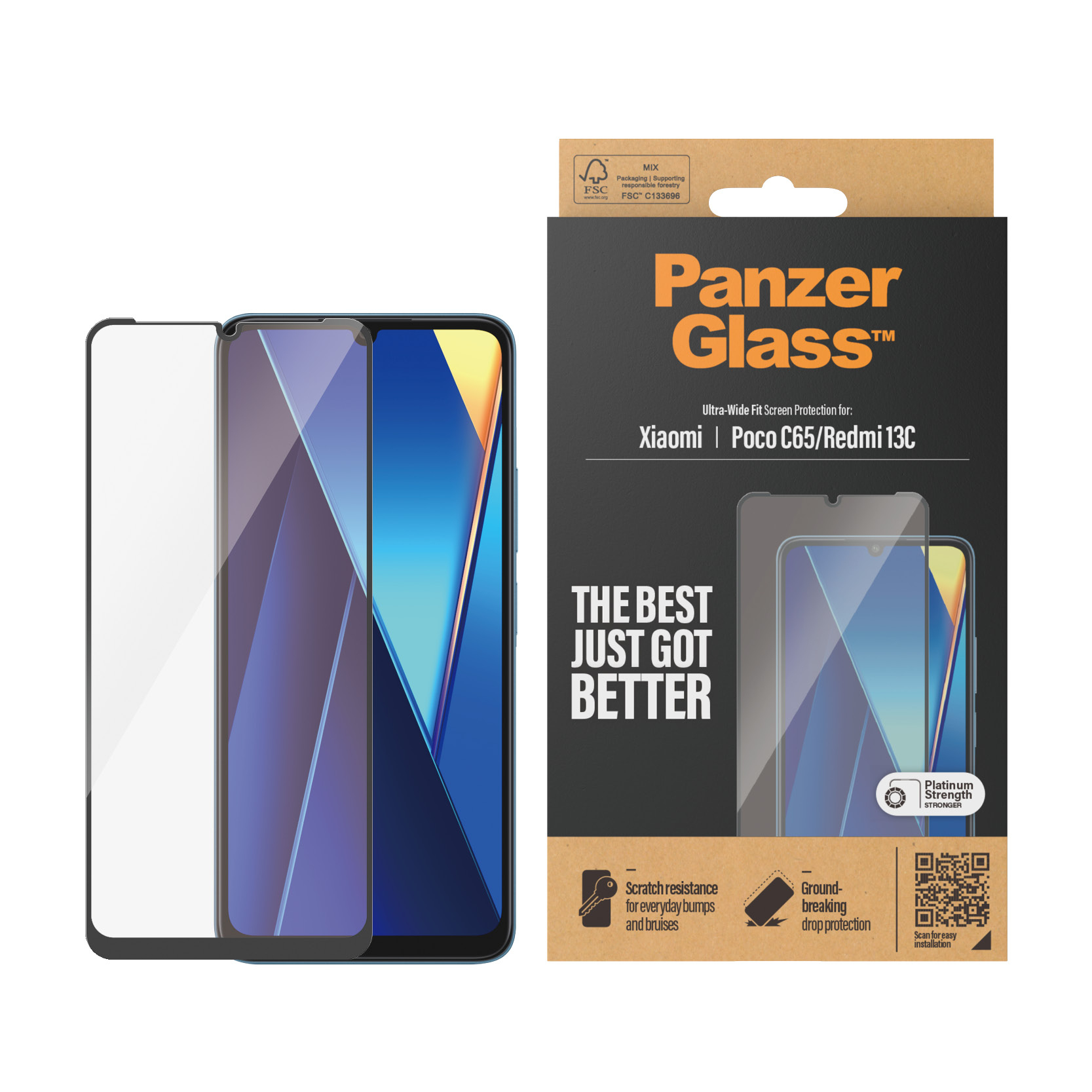Opakowanie PanzerGlass z ochraniaczem ekranu i smartfonem.