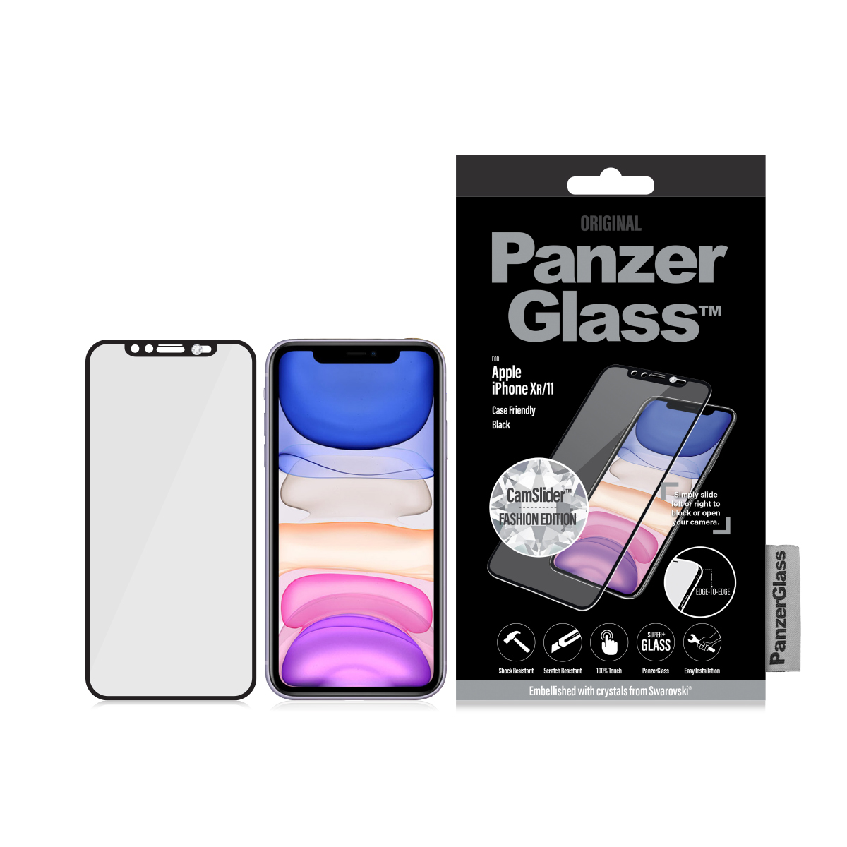 iPhone, ochrona ekranu, pudełko PanzerGlass. Telefon pokazuje ekran główny. Czarno-biały, produkt na białym tle.