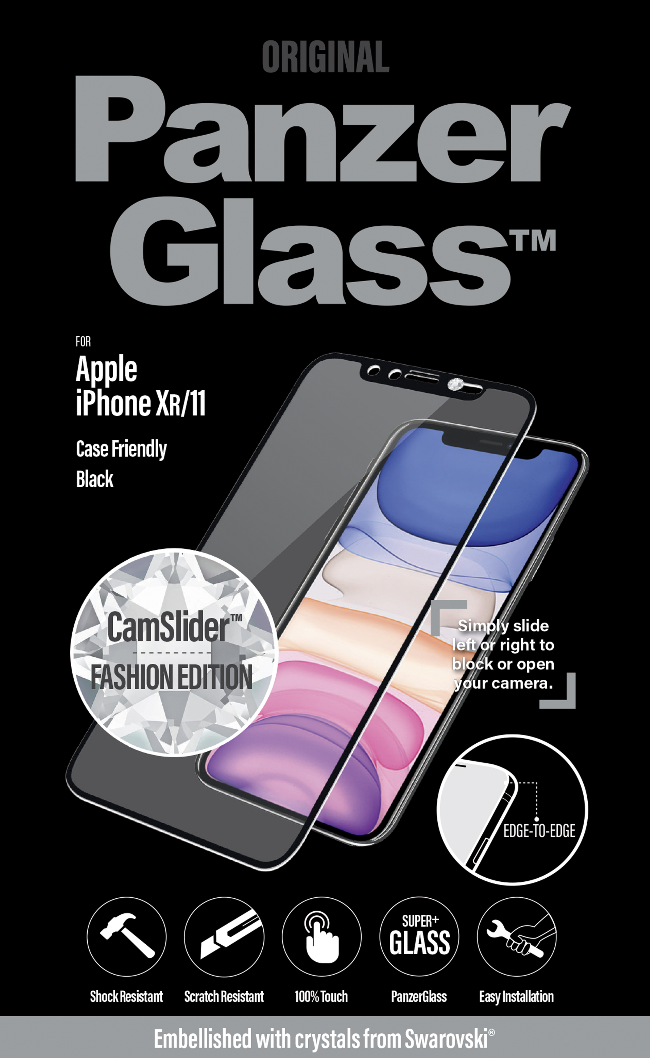 iPhone Apple z ochraniaczem ekranu PanzerGlass. Czarny telefon, czarny ochraniacz, białe tło. Pokazuje ekran telefonu.