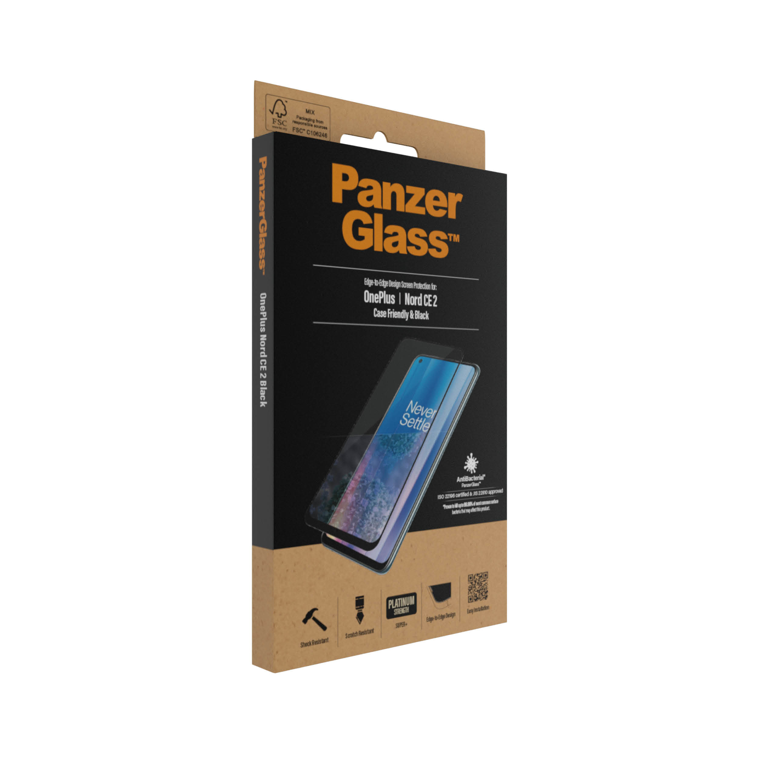 Una confezione di protezione schermo per telefono con un'immagine del telefono e il testo 'Panzer Glass' e 'OnePlus Nord CE 2'. Compatibile con le custodie.
