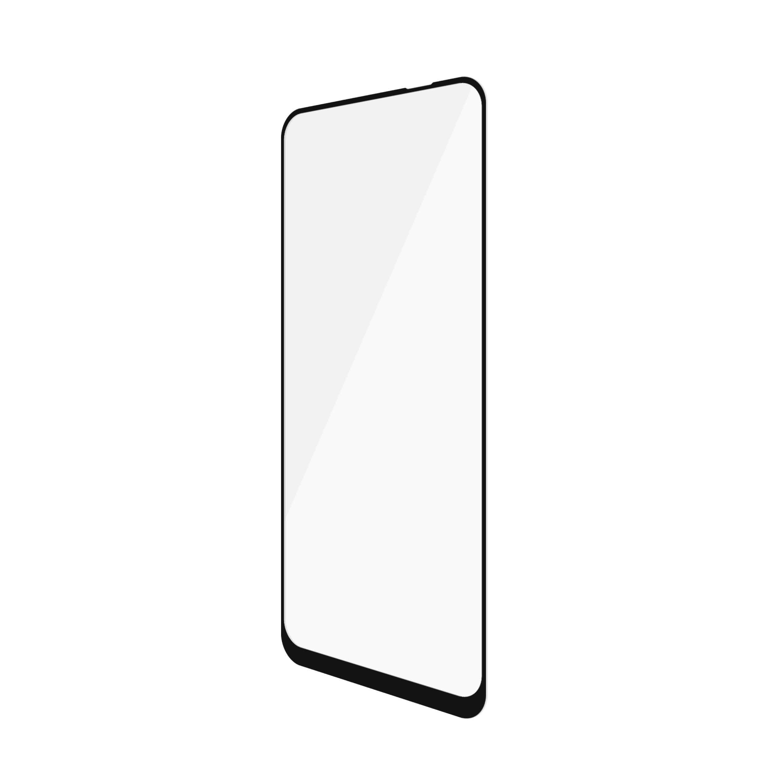 Protezione schermo per smartphone, rettangolare con angoli arrotondati. La protezione è trasparente e ha una leggera angolazione.