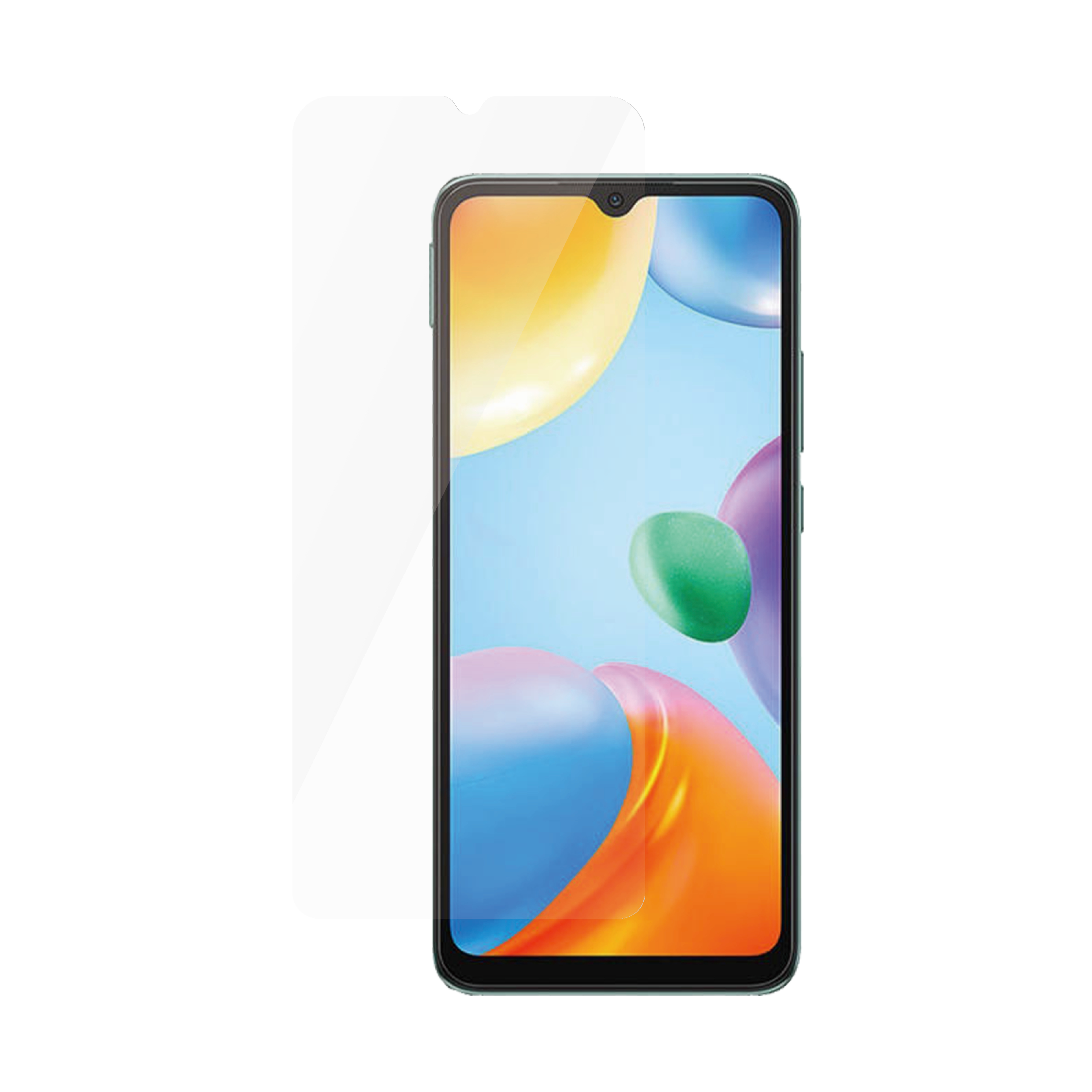 Smartfon z nakładką na ochronę ekranu. Ekran wyświetla kolorowe tło. Ochraniacz znajduje się obok telefonu.