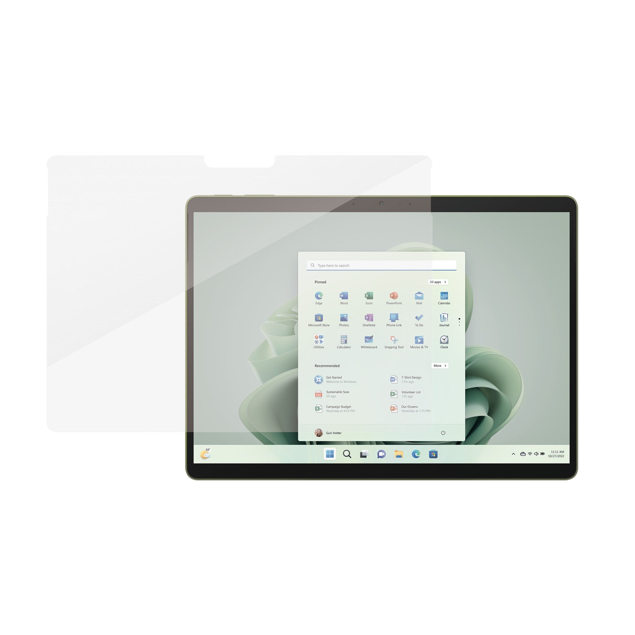 Un tablet con una protezione schermo applicata, che mostra un'interfaccia Windows e le app.