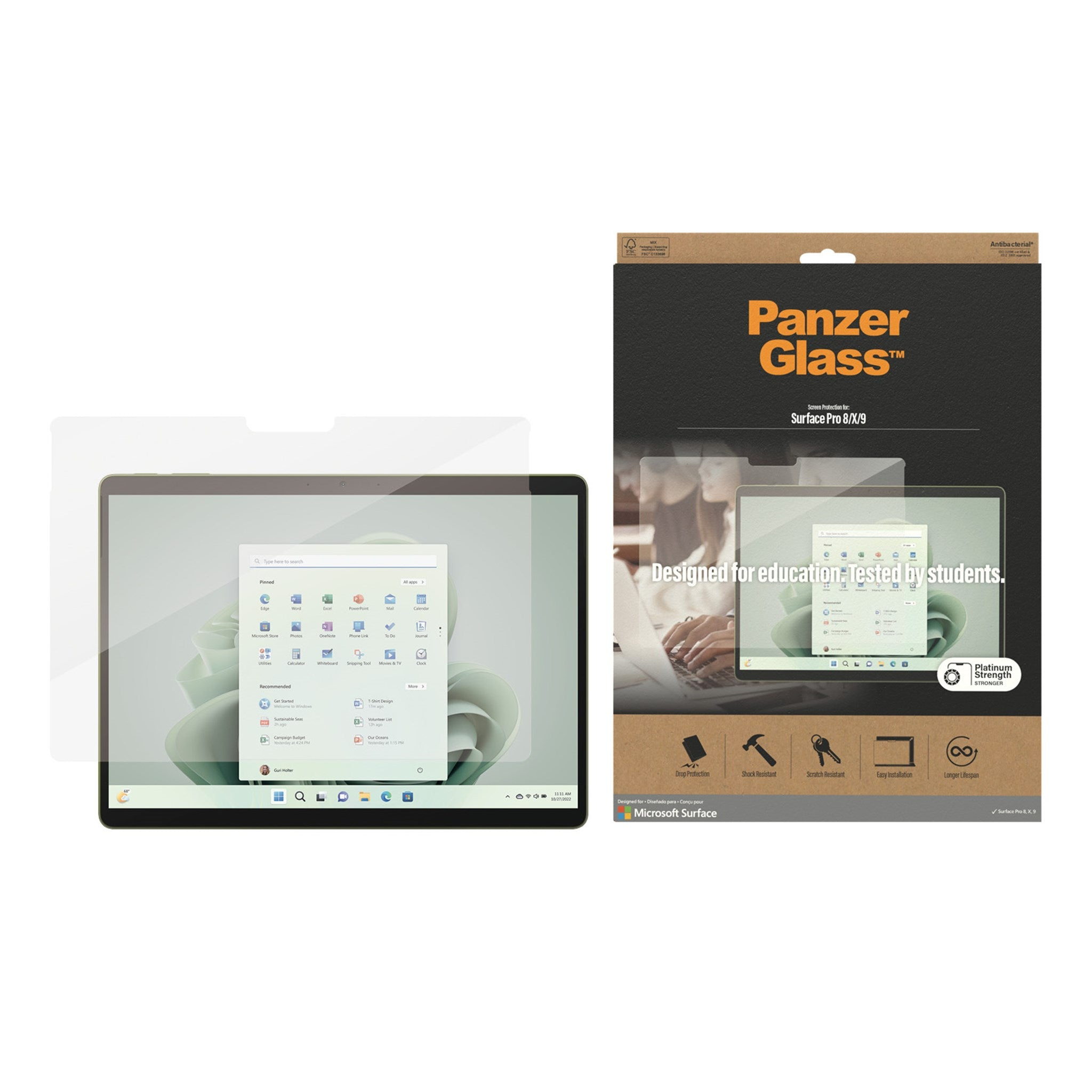 Tablet e proteggi schermo. La scatola mostra il prodotto sullo schermo del tablet.