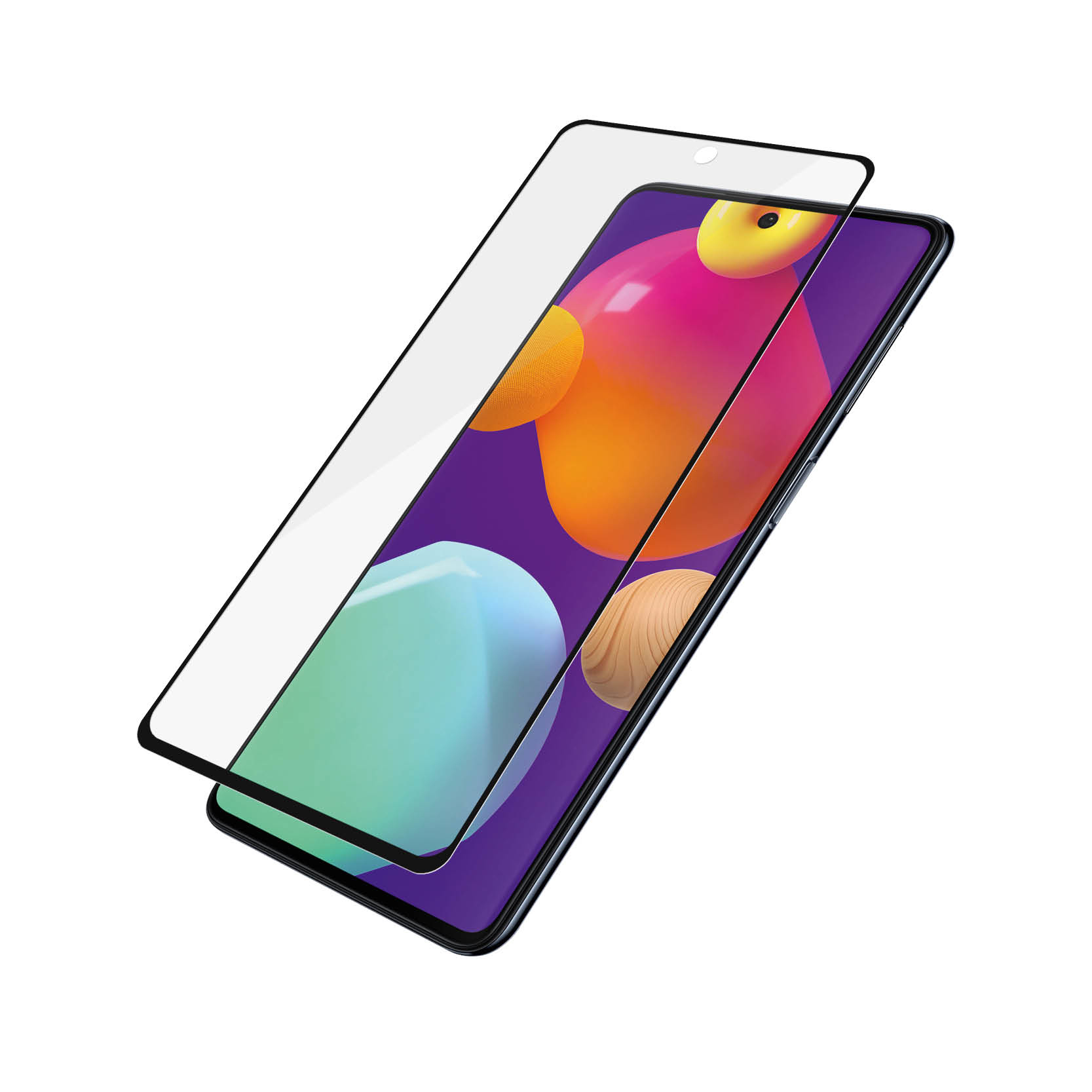 Un telefono è visibile con una protezione per lo schermo. Lo schermo del telefono mostra uno sfondo colorato.