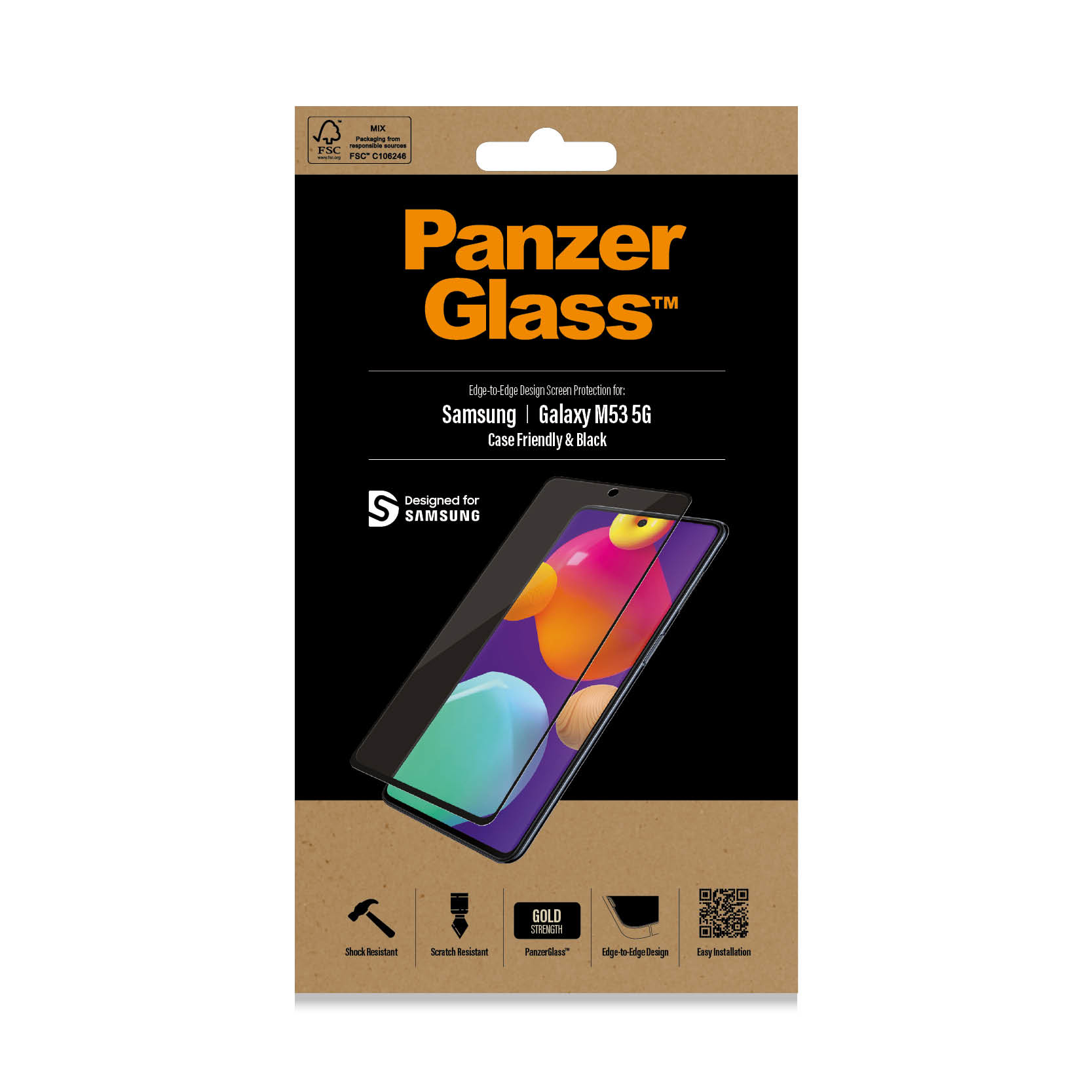 Una scatola di PanzerGlass per Samsung Galaxy M53 5G. Una protezione per lo schermo è visibile sulla scatola.