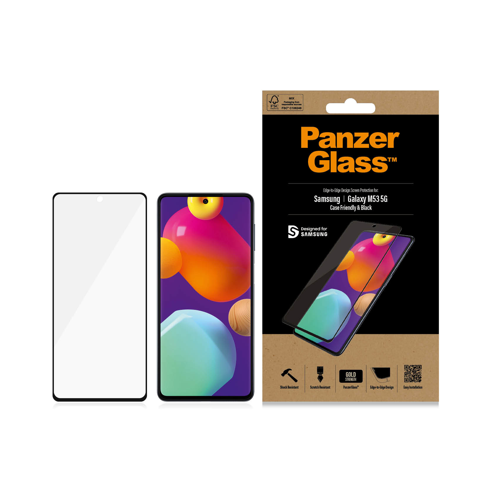 Un telefono e una protezione per lo schermo sono visibili, insieme a una scatola di PanzerGlass per Samsung Galaxy M53 5G.