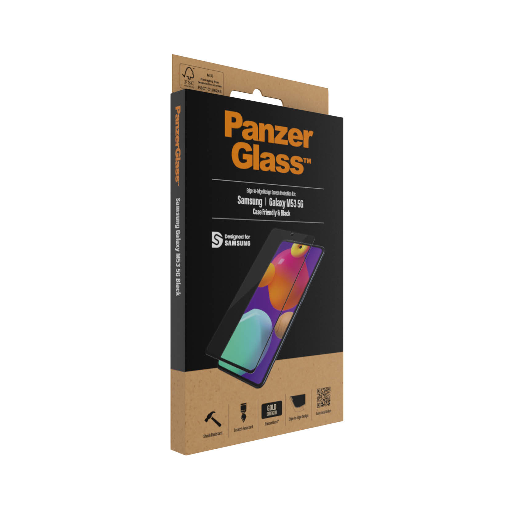 Una scatola di PanzerGlass per Samsung Galaxy M53 5G e una protezione per lo schermo sono mostrate.
