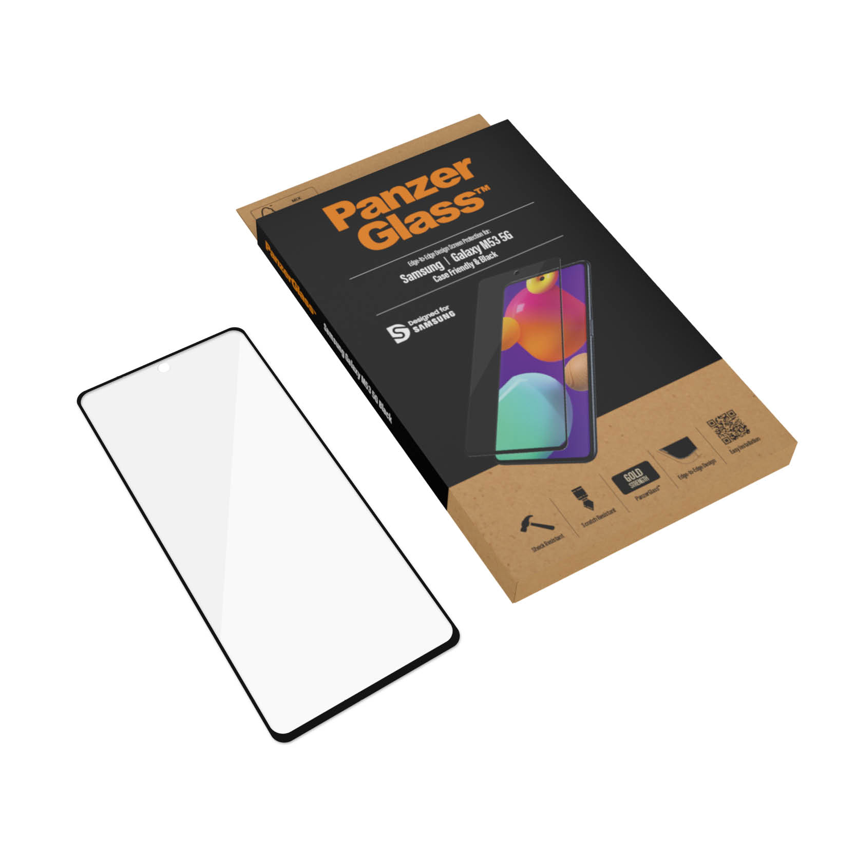 Una protezione per lo schermo e una scatola di PanzerGlass per Samsung Galaxy M53 5G sono visibili.