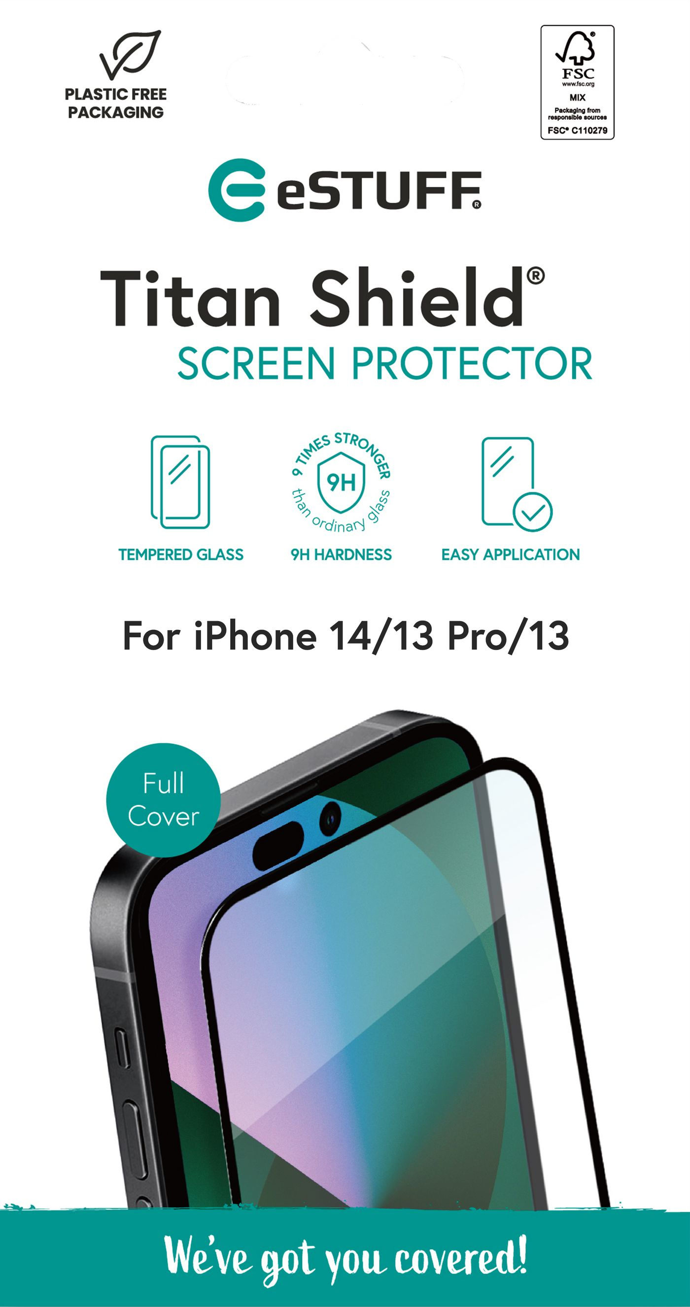 Proteggi schermo Titan Shield per iPhone 14/13 Pro/13. La confezione mostra il prodotto e le sue caratteristiche.