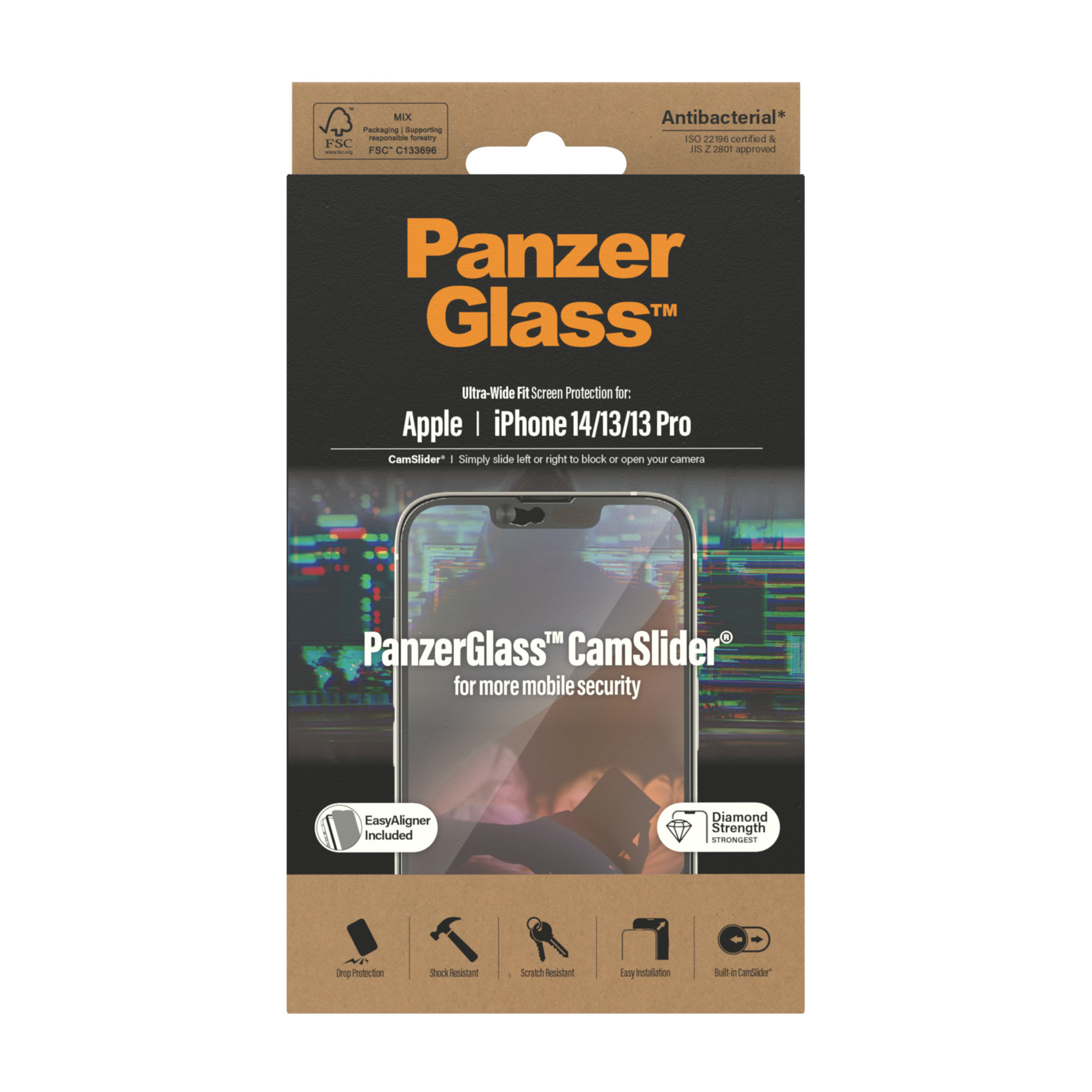 Pudełko z ochraniaczem ekranu dla Apple iPhone 14/13/13 Pro, z logo 'PanzerGlass' i funkcją 'CamSlider'.