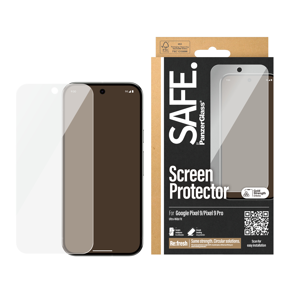 Confezione protezione schermo e mockup telefono. Il telefono è marrone scuro, sfondo bianco.