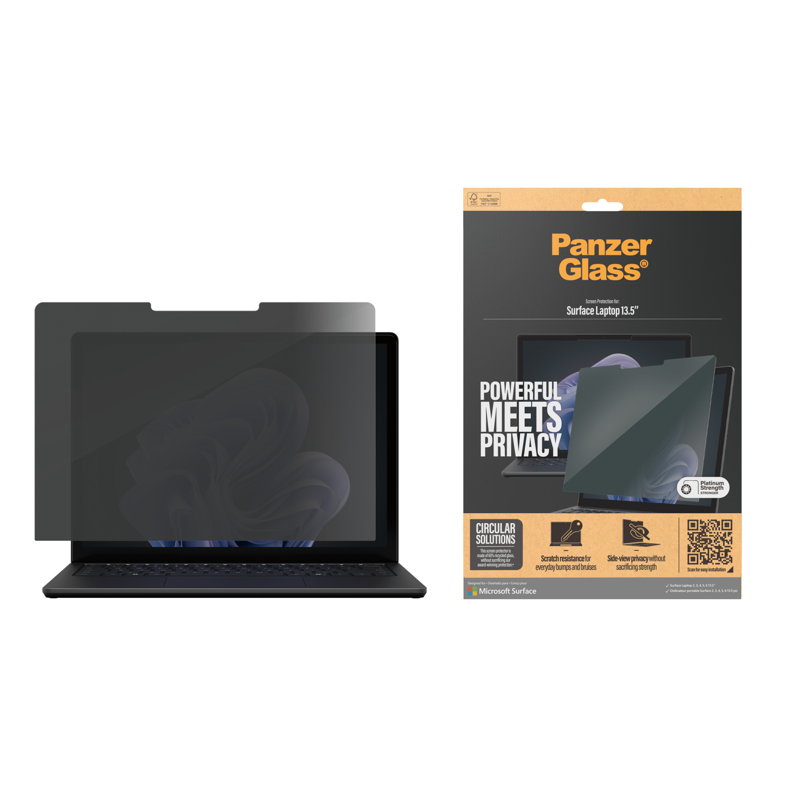 Ochraniacz ekranu laptopa w pudełku. Ochraniacz ekranu jest ciemny i jest zainstalowany na laptopie.