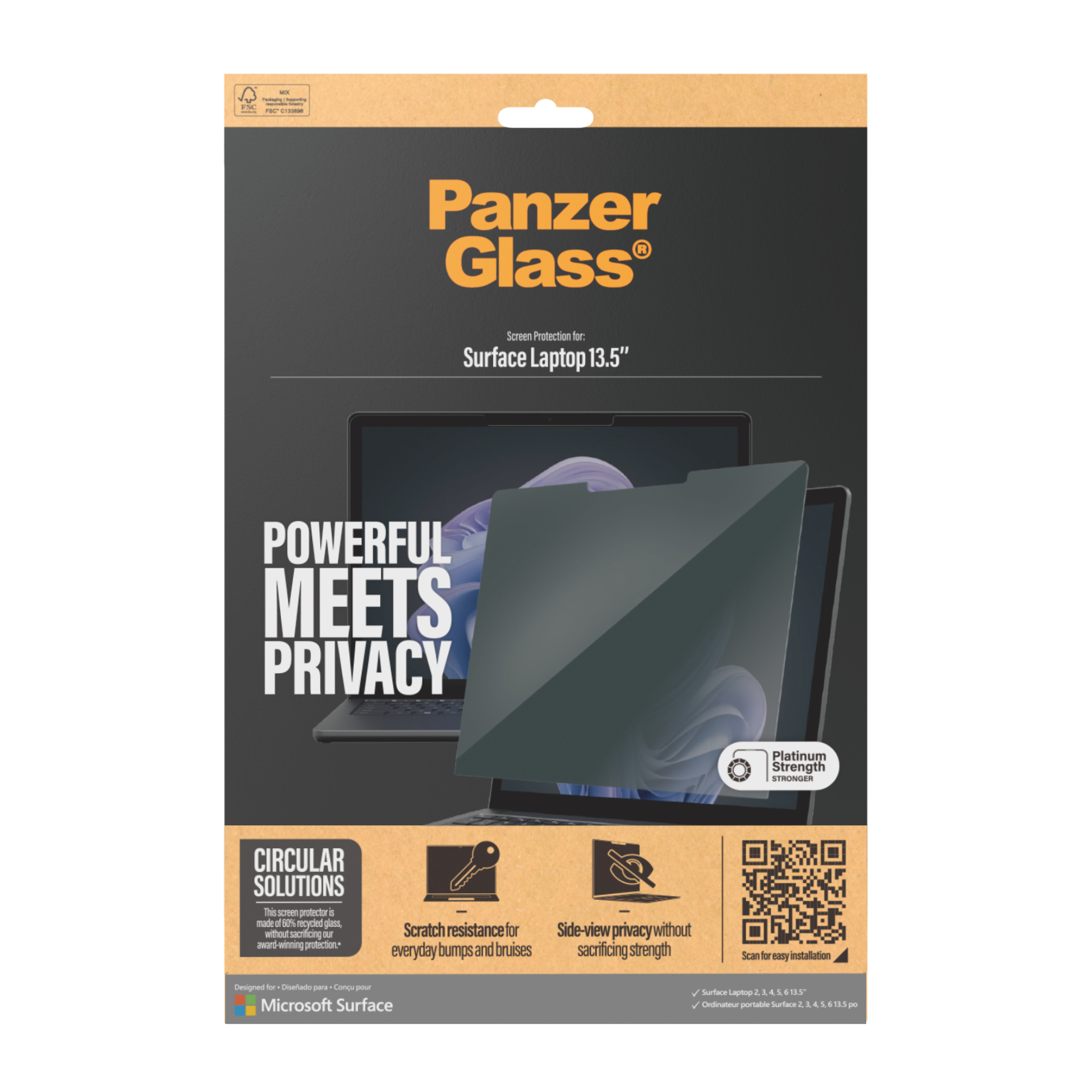 Pudełko ochraniacza ekranu PanzerGlass dla Surface Laptop, ze szczegółami i marką.