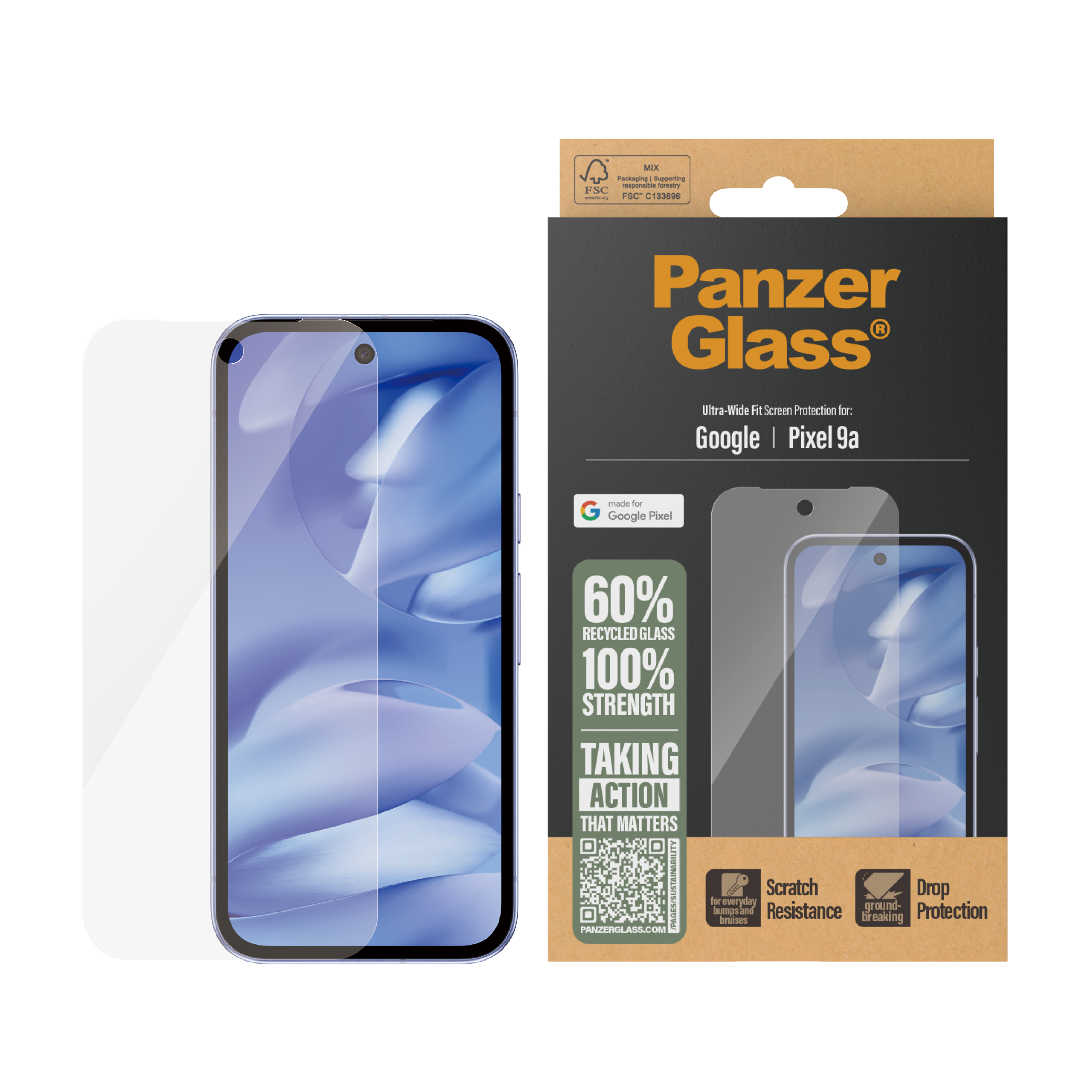 Protezione schermo sul telefono e una scatola marrone. La scatola dice: 'PanzerGlass', 'Google Pixel 9a'.