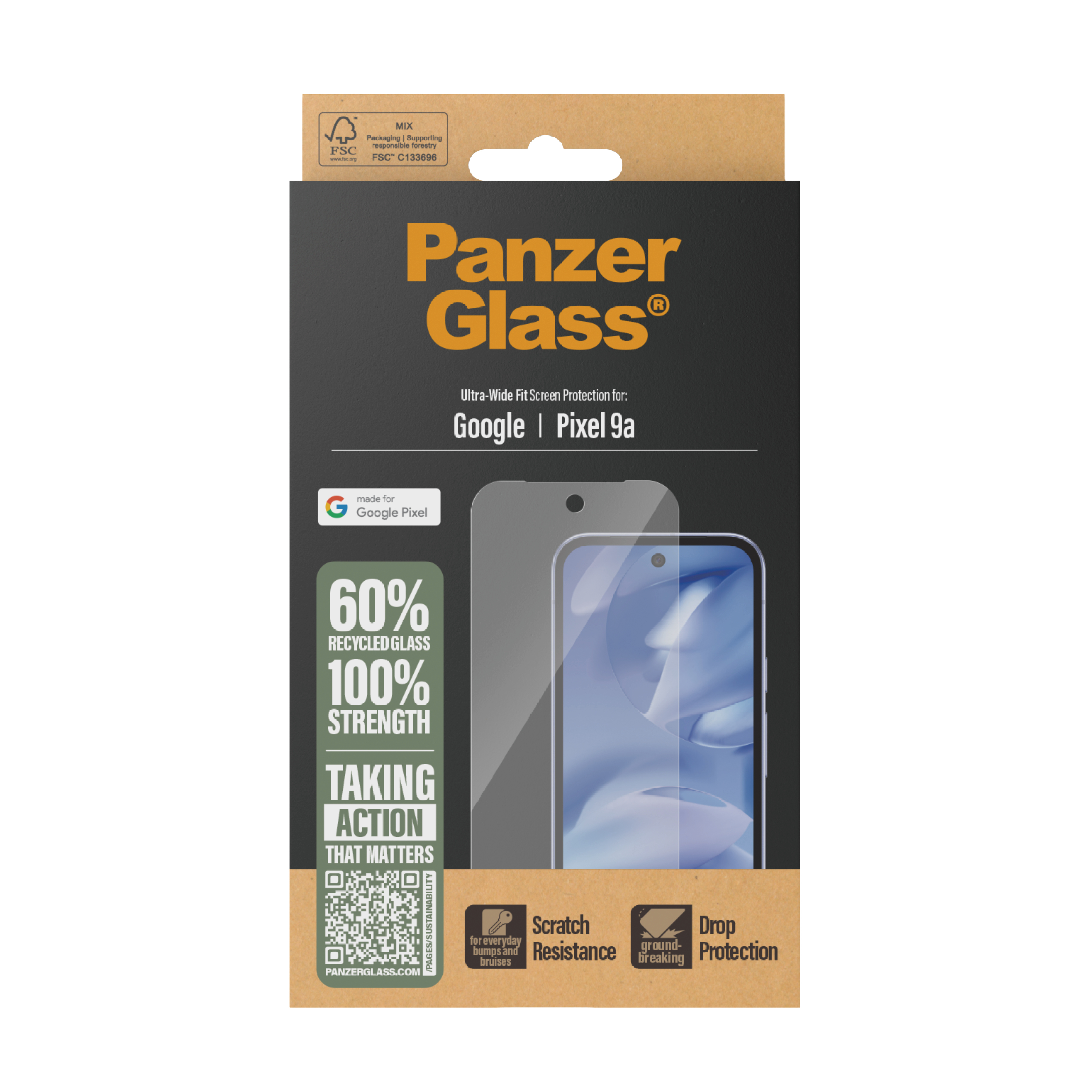 Scatola PanzerGlass per Google Pixel 9a con protezione schermo e dettagli prodotto.