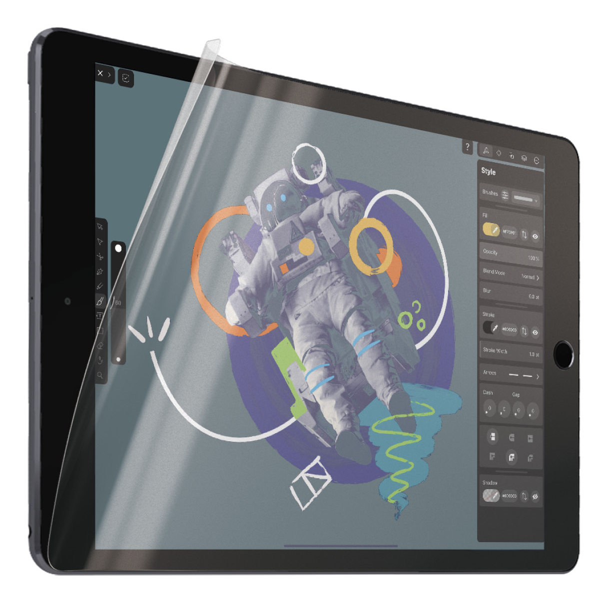 Un iPad con protezione schermo applicata, che mostra arte digitale e strumenti di disegno.