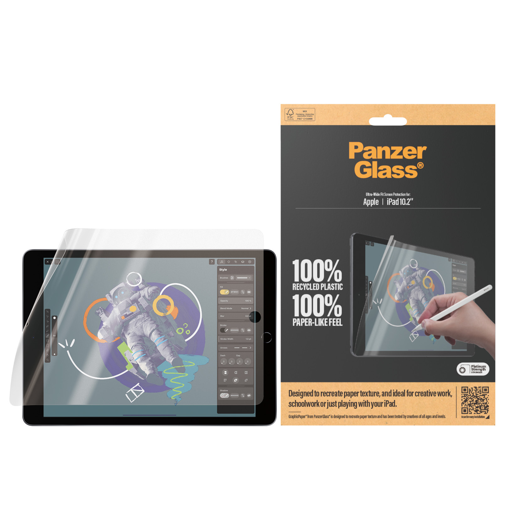 Un iPad con protezione schermo e una scatola con testo 'PanzerGlass' e 'iPad 10.2"'.