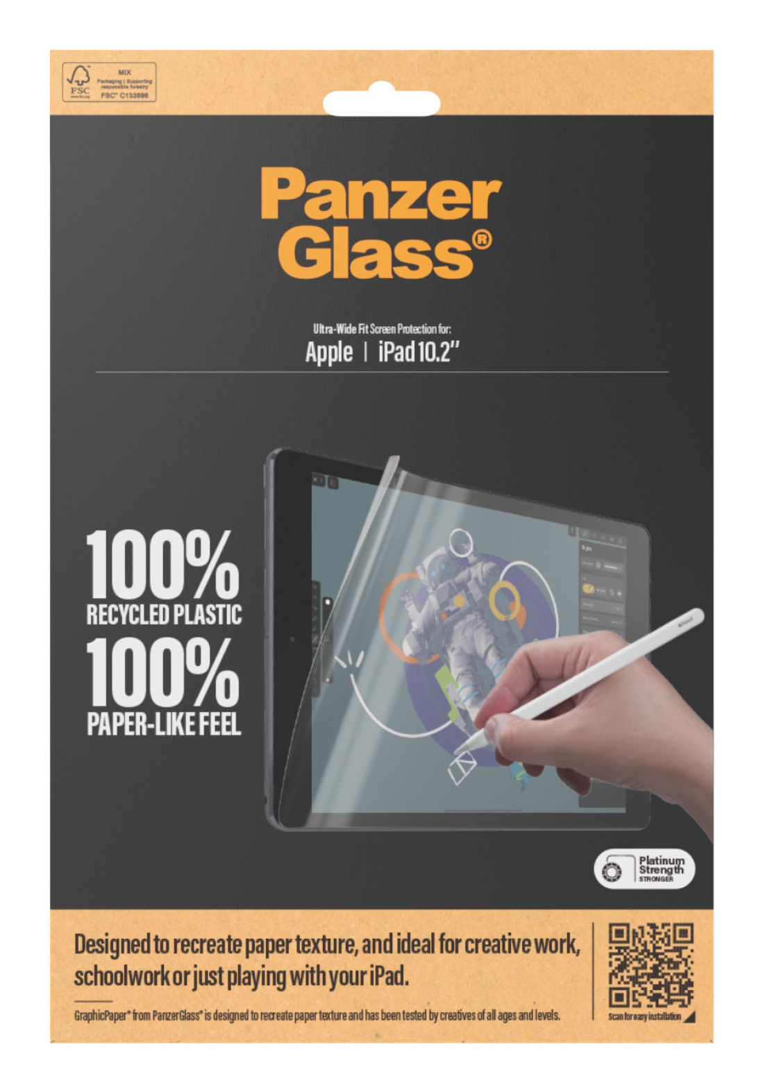Scatola PanzerGlass per Apple iPad 10.2" con protezione schermo e iPad.