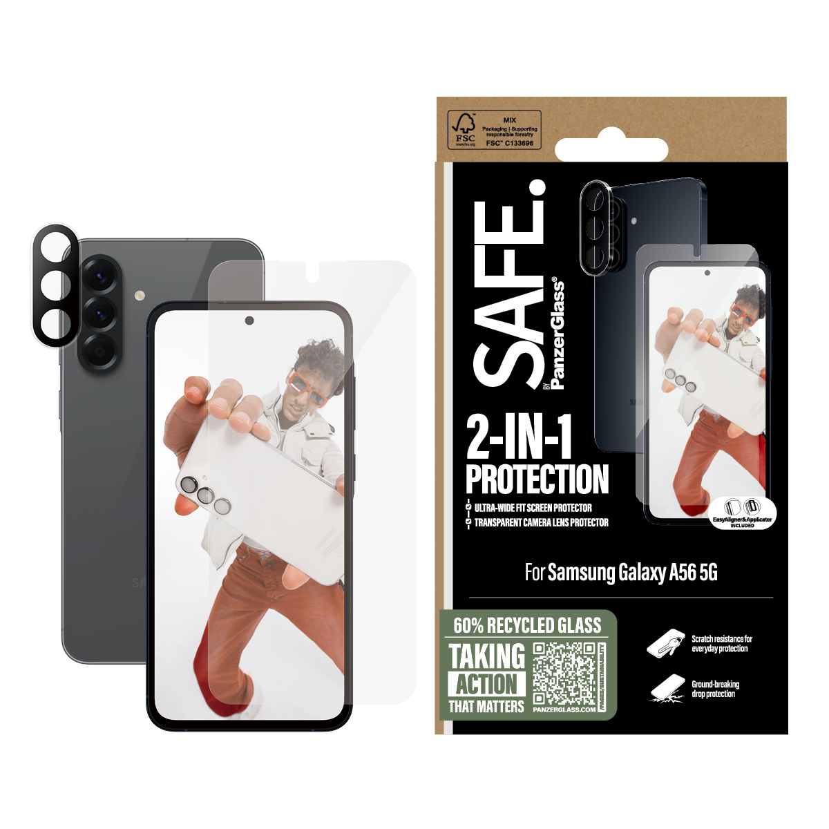Un telefono con protezioni schermo e fotocamera, testo 'SAFE' e '2-IN-1 PROTECTION'.
