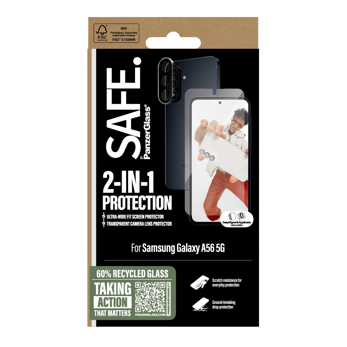 Scatola per Samsung Galaxy A56 5G con protezione 2-in-1: schermo e protezione lente fotocamera.