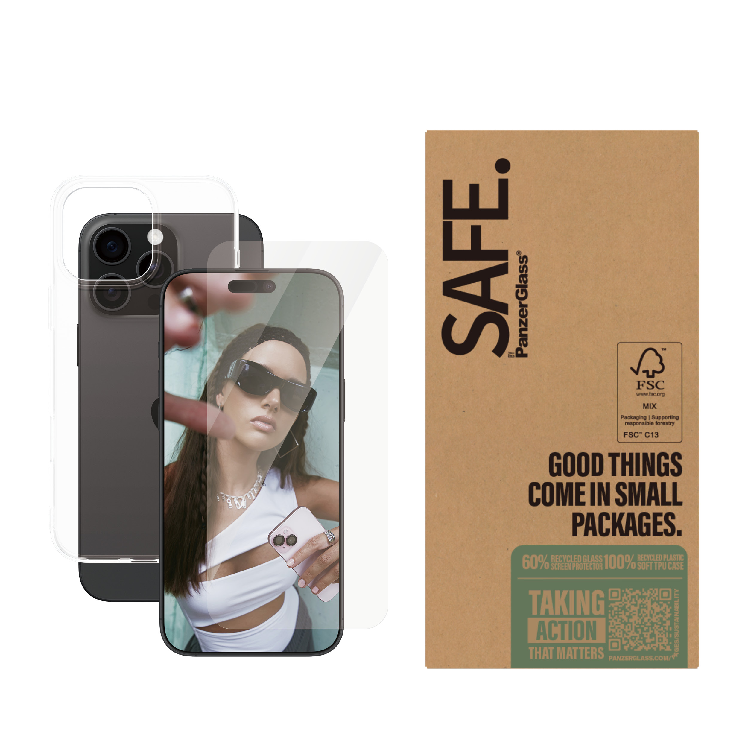 Telefono con protezione schermo e la sua confezione. Una donna indossa occhiali da sole. La confezione è marrone.