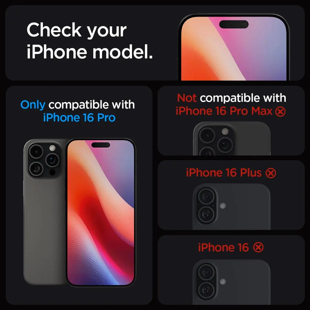 Obraz porównujący modele iPhone'a. Pokazuje iPhone 16 Pro i inne modele z informacjami o kompatybilności.