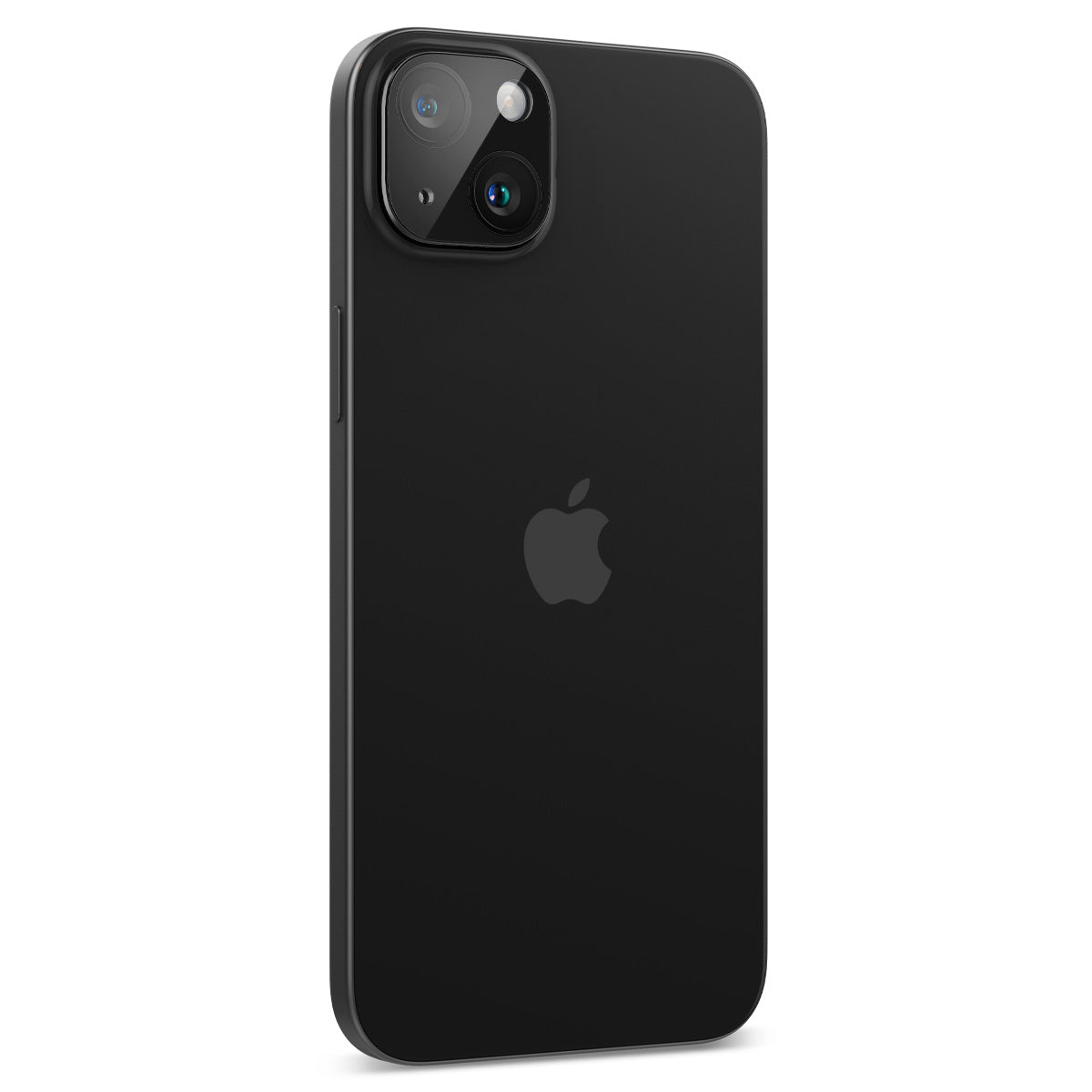 Czarny telefon z aparatem i logo Apple. Telefon znajduje się na białym tle.
