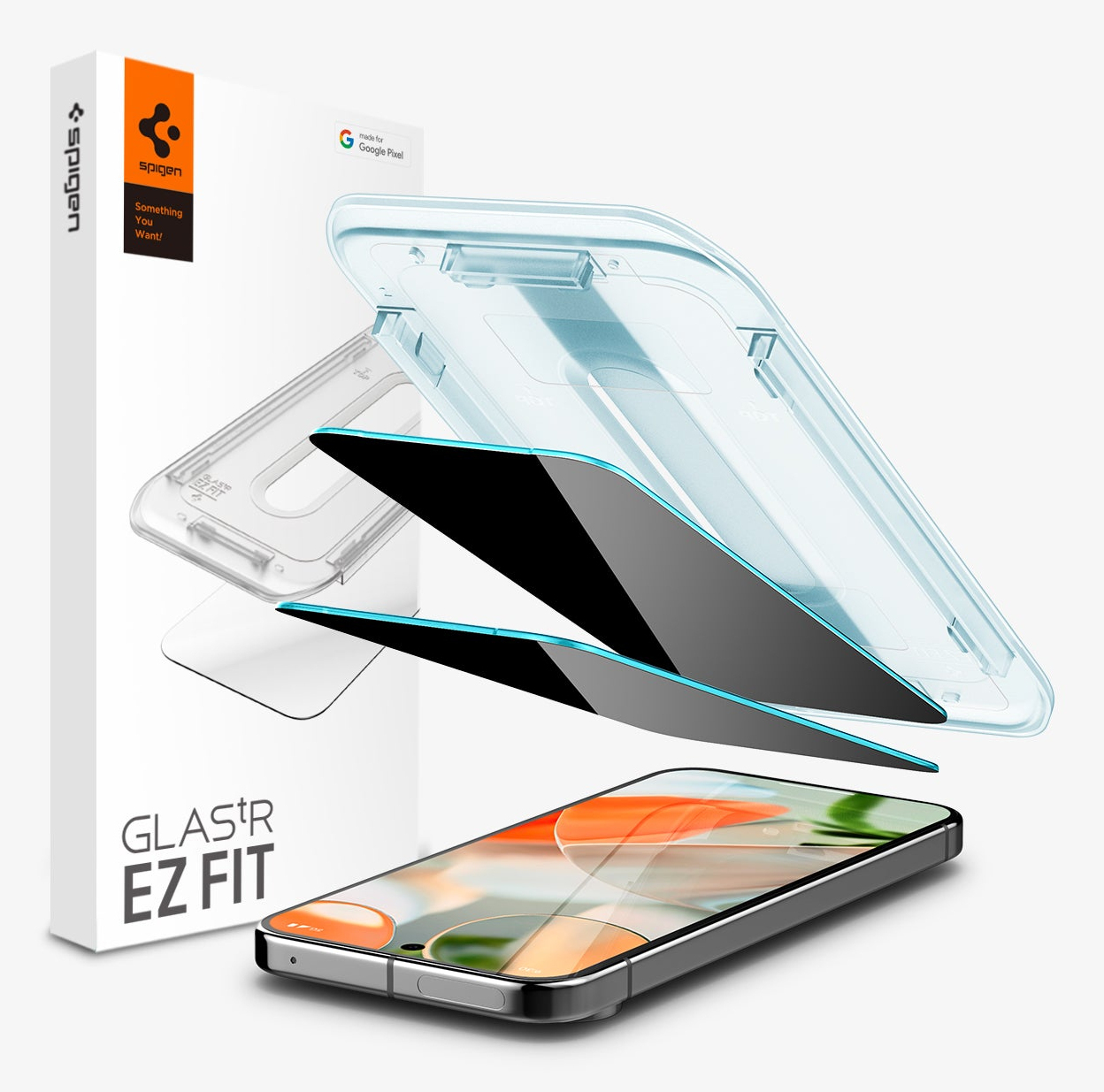 Telefon z warstwami ochronnymi ekranu i pudełkiem, prezentujący aplikację produktu.