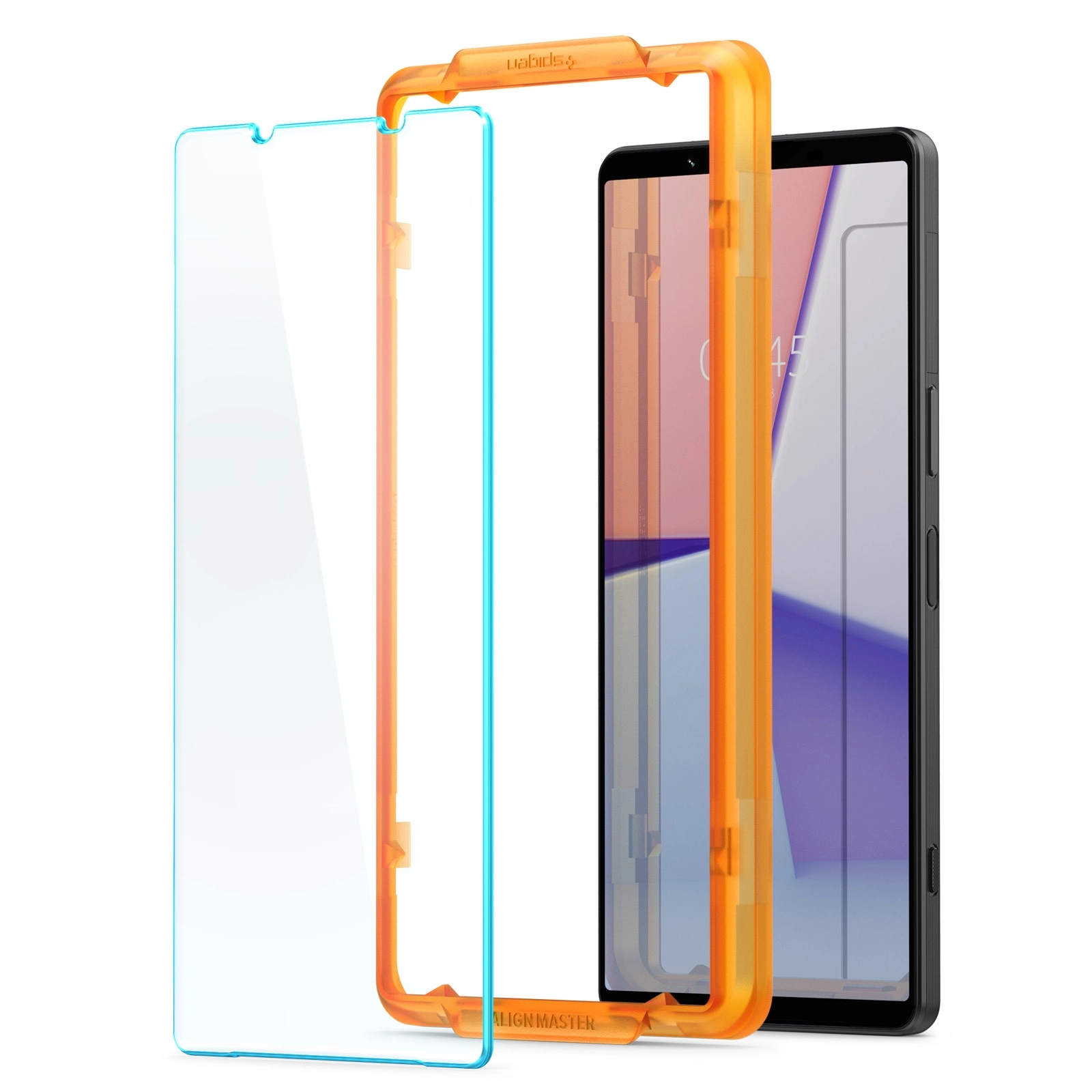 Telefon z pomarańczową ramką i osłoną ekranu. Przezroczysta osłona i ekran telefonu. Pomarańczowa ramka wyrównuje się.