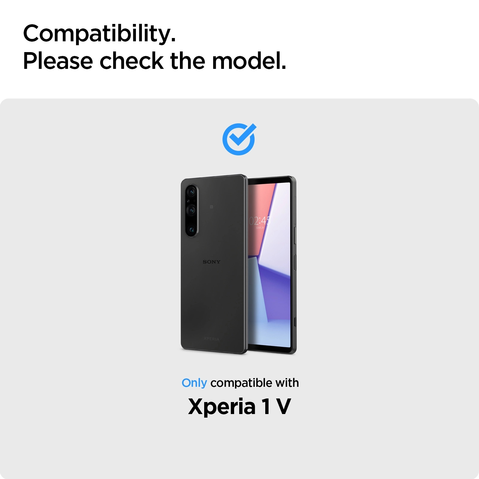 Czarny telefon i osłona ekranu. Tekst: Kompatybilność, sprawdź model. Tylko dla Xperia 1 V.
