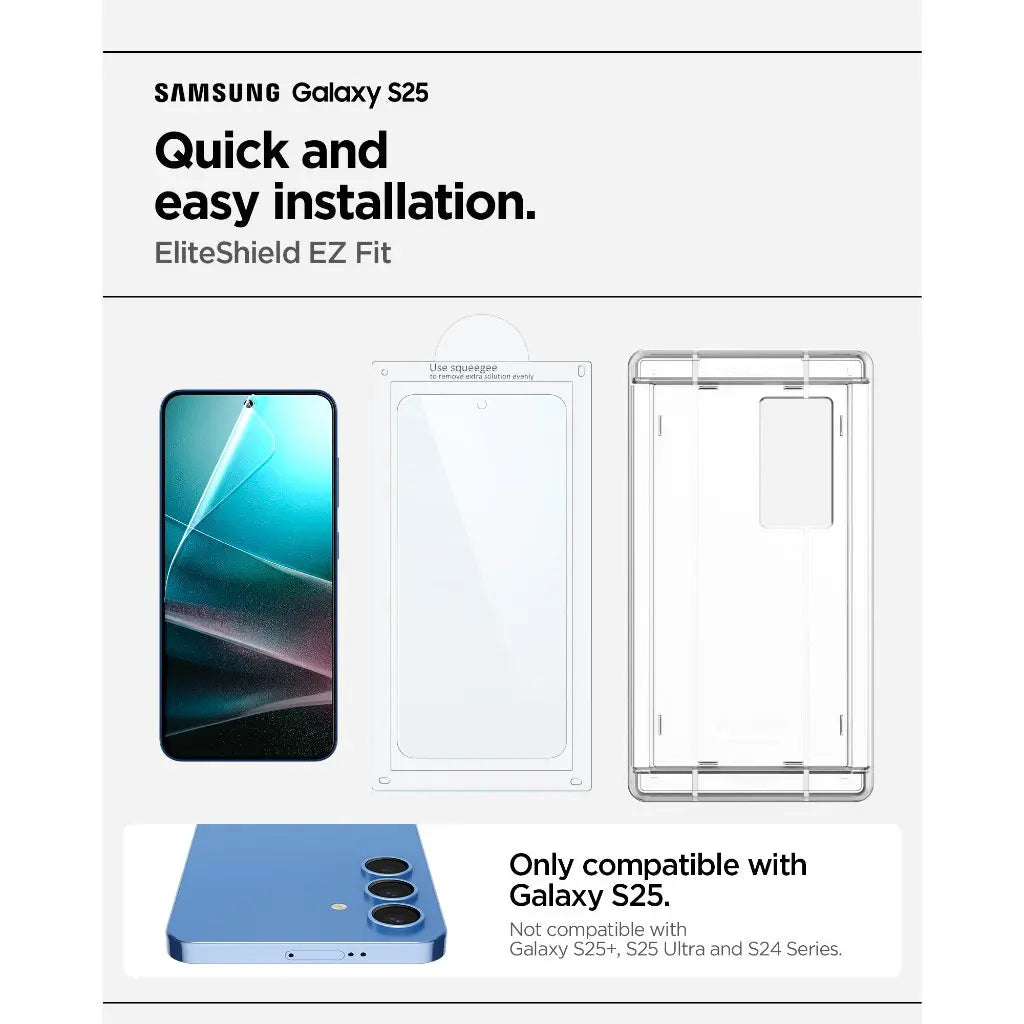 Zestaw ochraniacza ekranu Samsung Galaxy S25. Telefon i ochraniacz w opakowaniu. Białe tło.