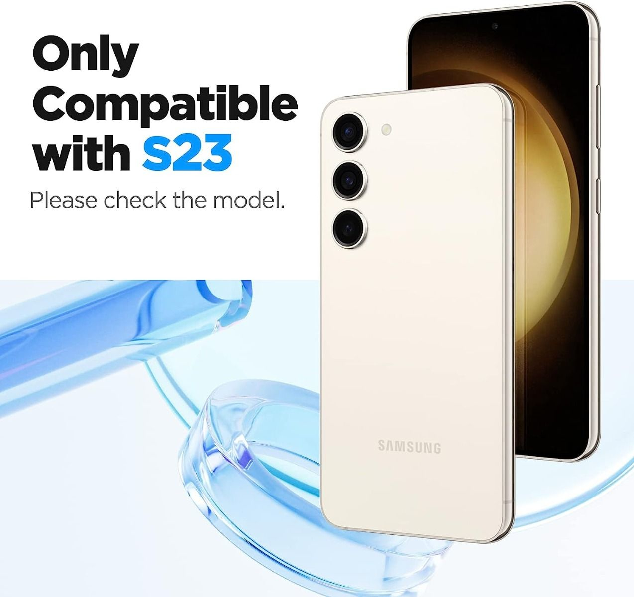 Telefono Samsung S23 con retro crema. Il testo mostra compatibilità e modello. Sfondo bianco.