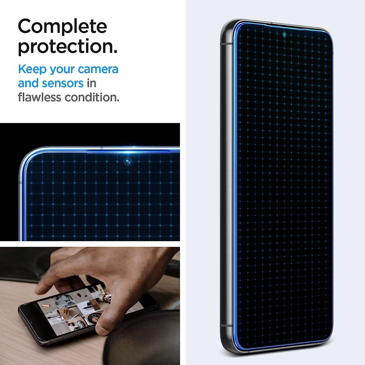 Telefono con protezione schermo. Testo: Protezione completa, mantieni la tua fotocamera e i sensori in condizioni.