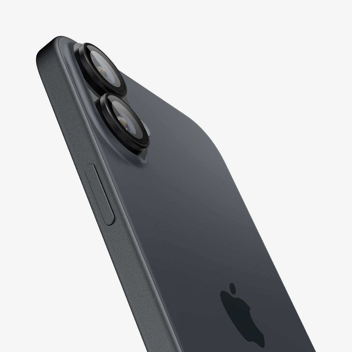 Czarny telefon z widoczną tylną częścią z dwoma aparatami. Logo Apple z tyłu. Białe tło.