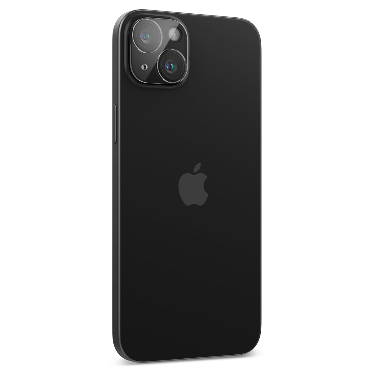 Tył czarnego iPhone'a, kamery i logo Apple, lekko pochylone. Minimalistyczne tło.