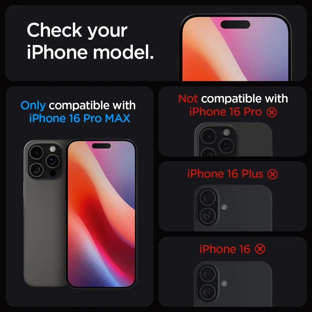 L'immagine confronta i modelli di iPhone, mostrando la compatibilità. Il testo indica la compatibilità solo con iPhone 16 Pro Max.