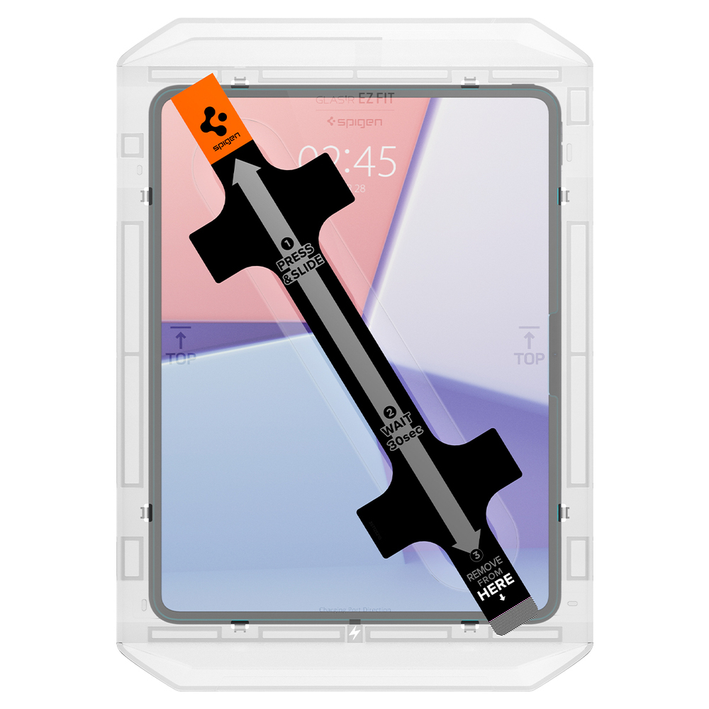 Telefon z folią ochronną i narzędziem do wyrównywania w przezroczystym plastikowym etui.