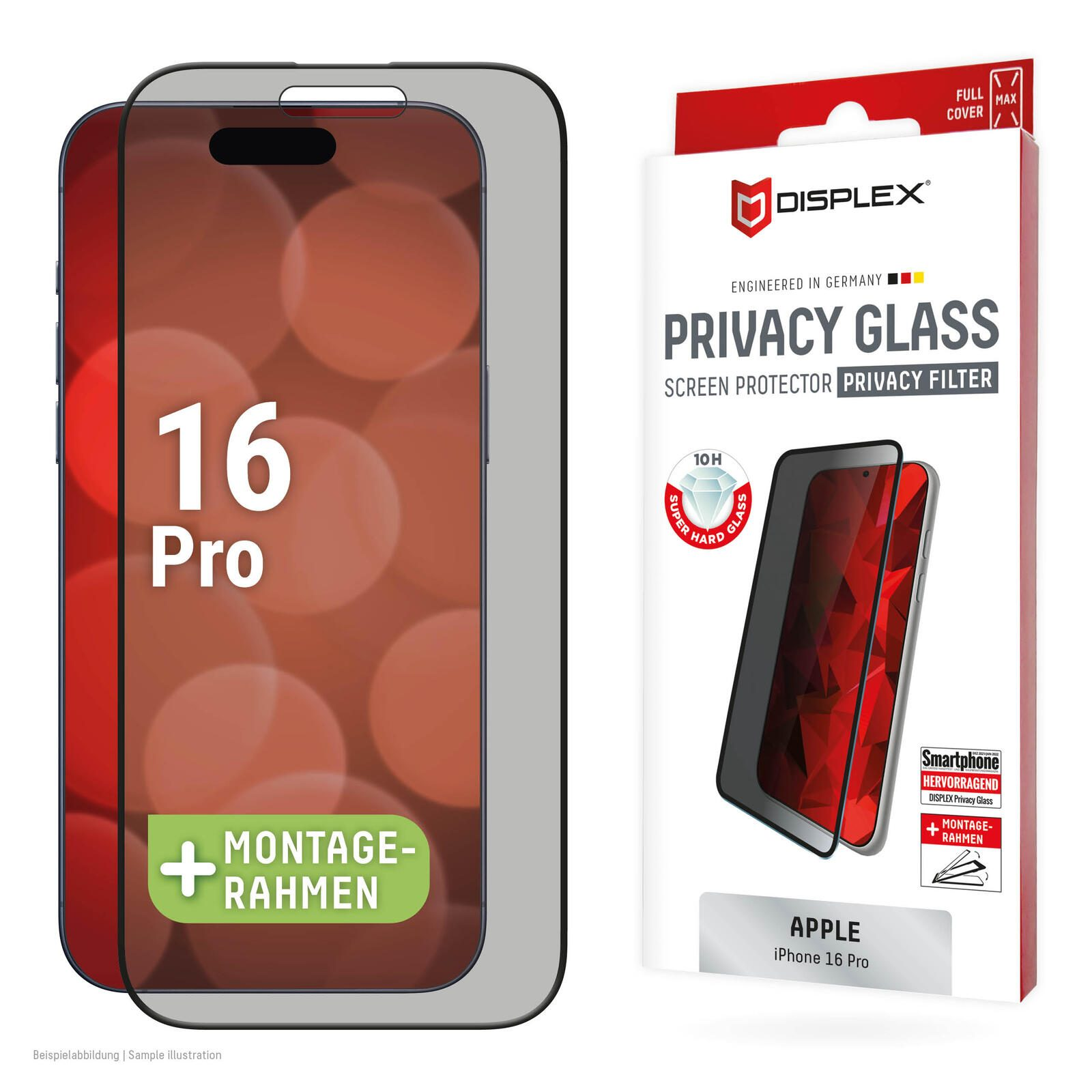 Telefono con protezione schermo in vetro privacy e confezione. Dice 'iPhone 16 Pro' e 'Privacy Glass'.